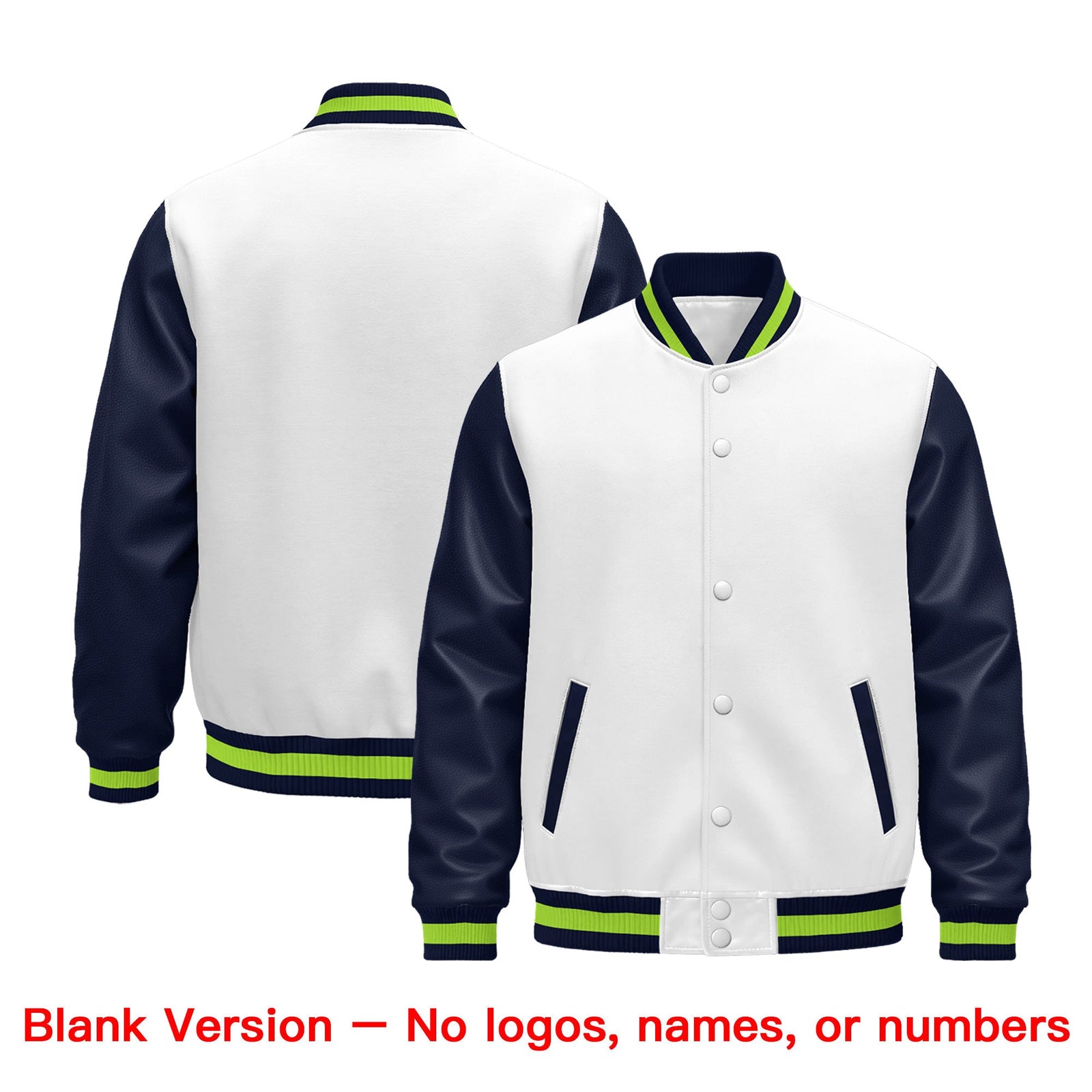 Custom Navy White Neon Green Raglan Sleeves Varsity Full-Snap Leather Sleeves Letterman Jacket| KXKSHOP