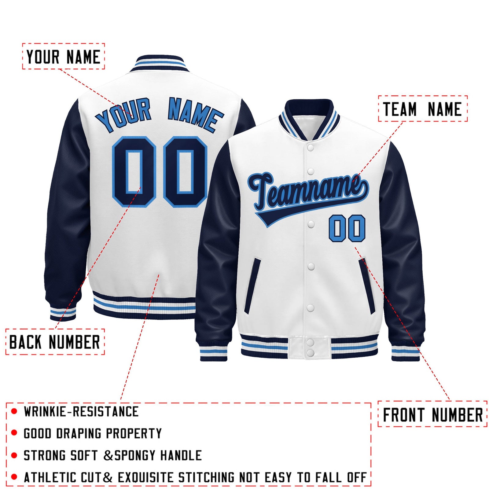 Custom Navy White Powder Blue Raglan Sleeves Varsity Full-Snap Leather Sleeves Letterman Jacket| KXKSHOP
