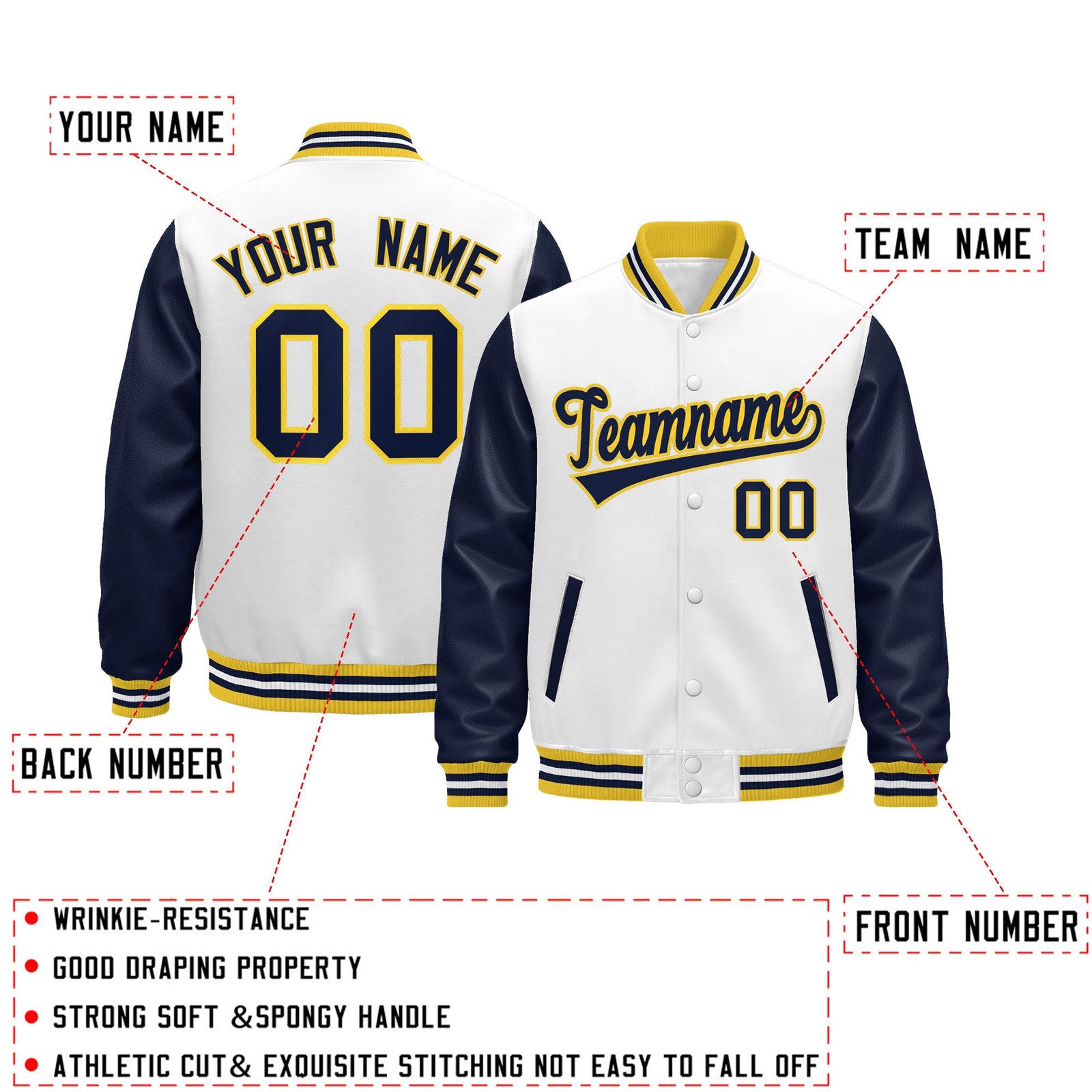 Custom Navy White Gold Raglan Sleeves Varsity Full-Snap Leather Sleeves Letterman Jacket| KXKSHOP