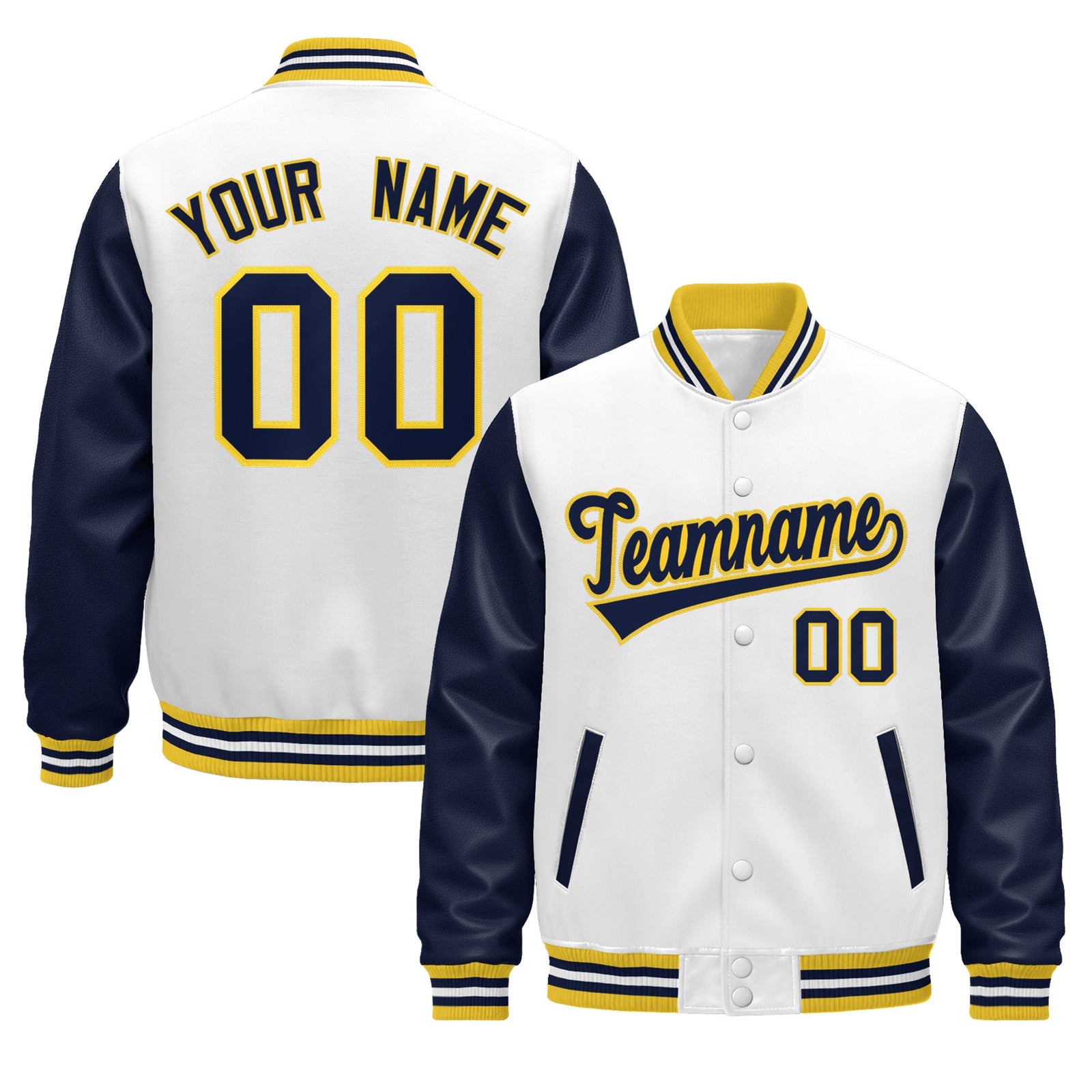 Custom Navy White Gold Raglan Sleeves Varsity Full-Snap Leather Sleeves Letterman Jacket| KXKSHOP