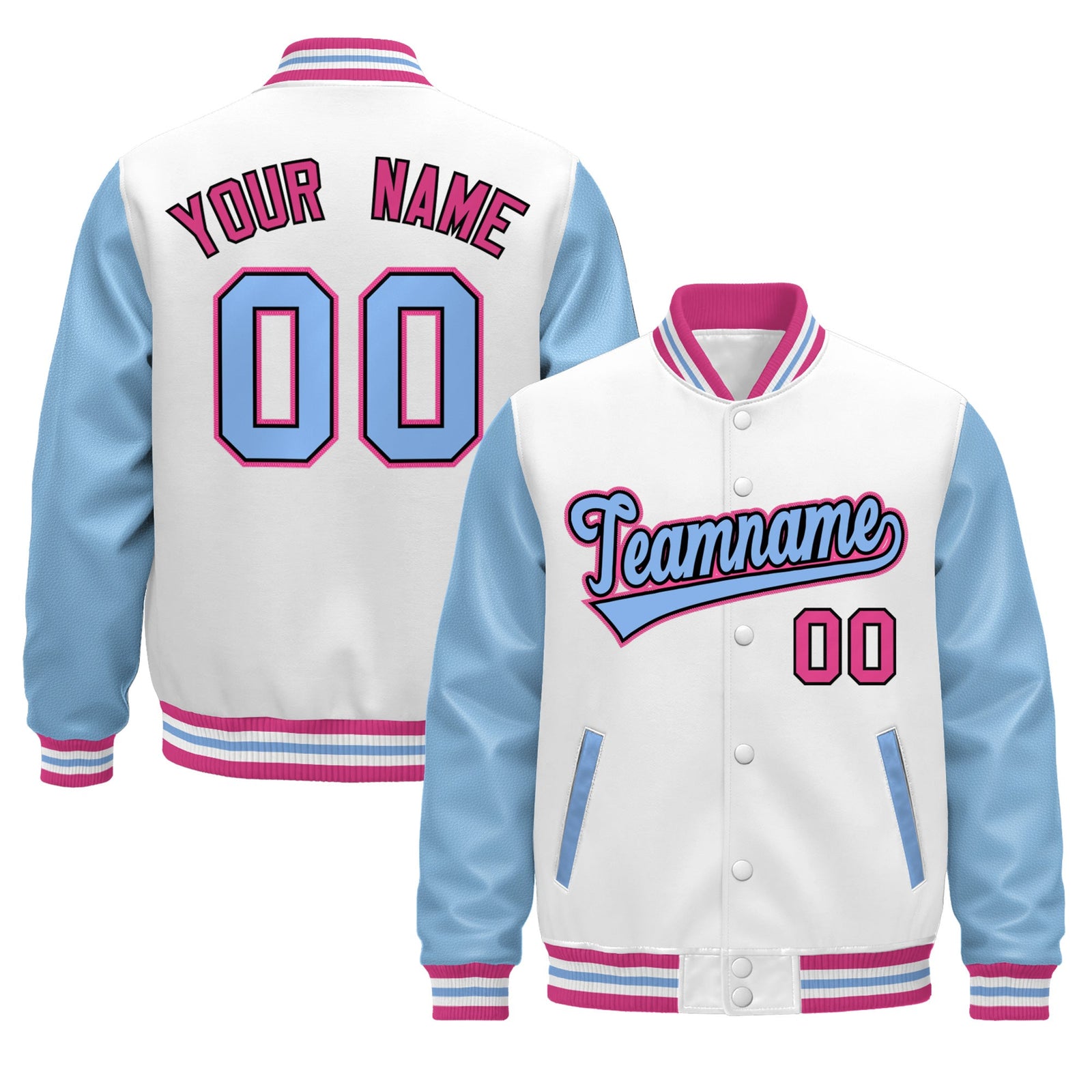 Custom White Light Blue Pink Raglan Sleeves Varsity Full-Snap Leather Sleeves Letterman Jacket| KXKSHOP
