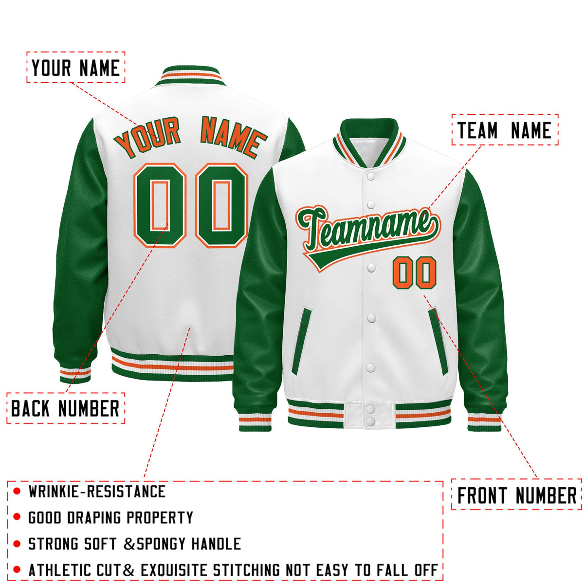 Custom White Kelly Green Orange Raglan Sleeves Varsity Full-Snap Letterman Jacket| KXKSHOP