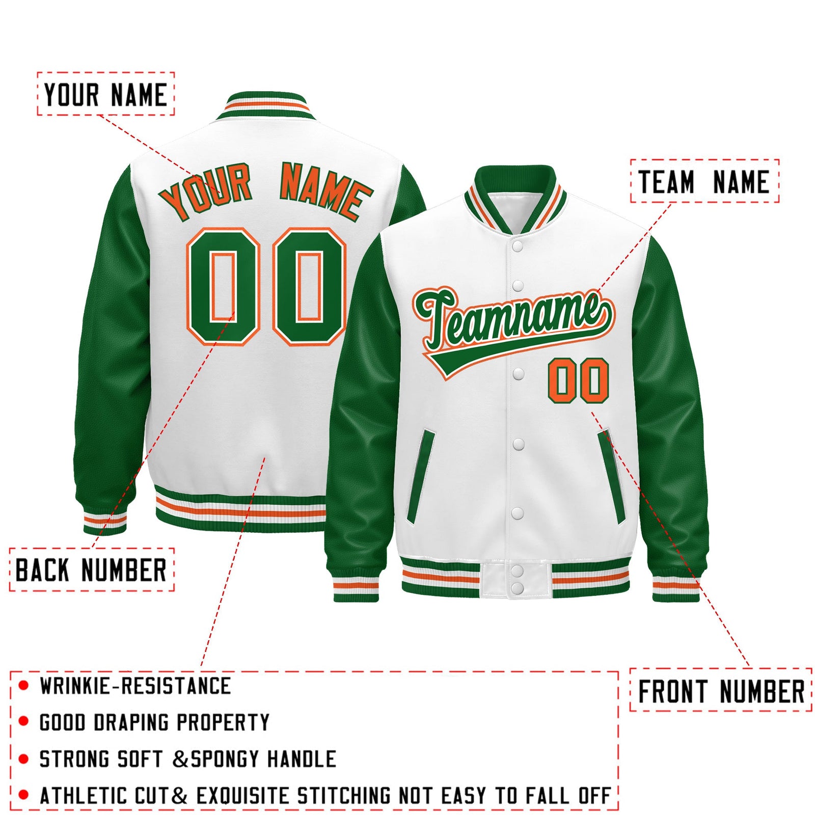 Custom White Kelly Green Orange Raglan Sleeves Varsity Full-Snap Leather Sleeves Letterman Jacket| KXKSHOP