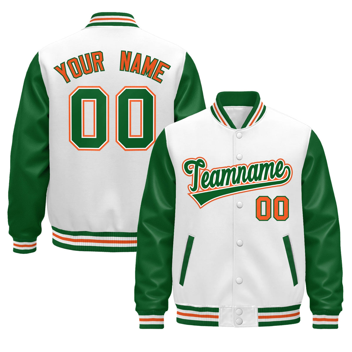 Custom White Kelly Green Orange Raglan Sleeves Varsity Full-Snap Letterman Jacket| KXKSHOP