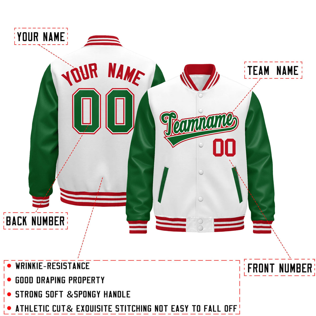 Custom Kelly Green White Red Raglan Sleeves Varsity Full-Snap Letterman Jacket| KXKSHOP