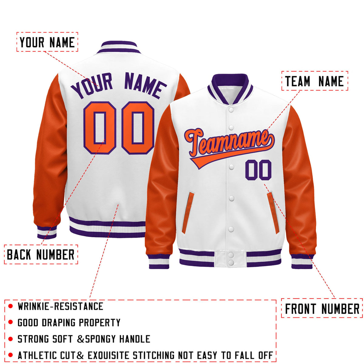 Custom Orange Purple White Raglan Sleeves Varsity Full-Snap Leather Sleeves Letterman Jacket| KXKSHOP