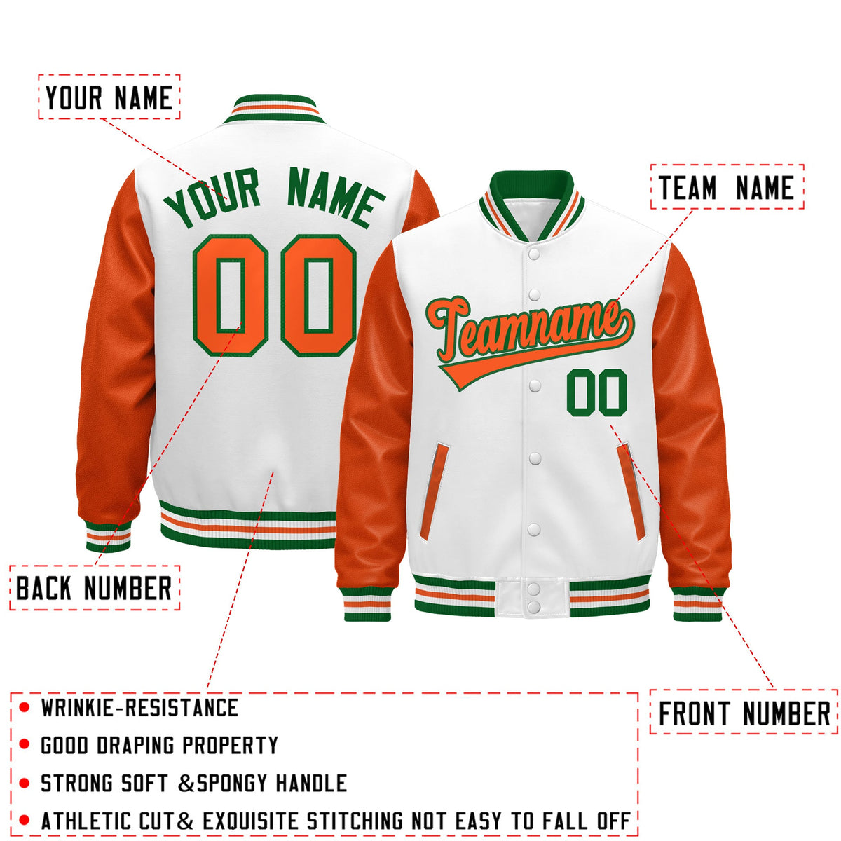 Custom White Orange Kelly Green Raglan Sleeves Varsity Full-Snap Letterman Jacket| KXKSHOP