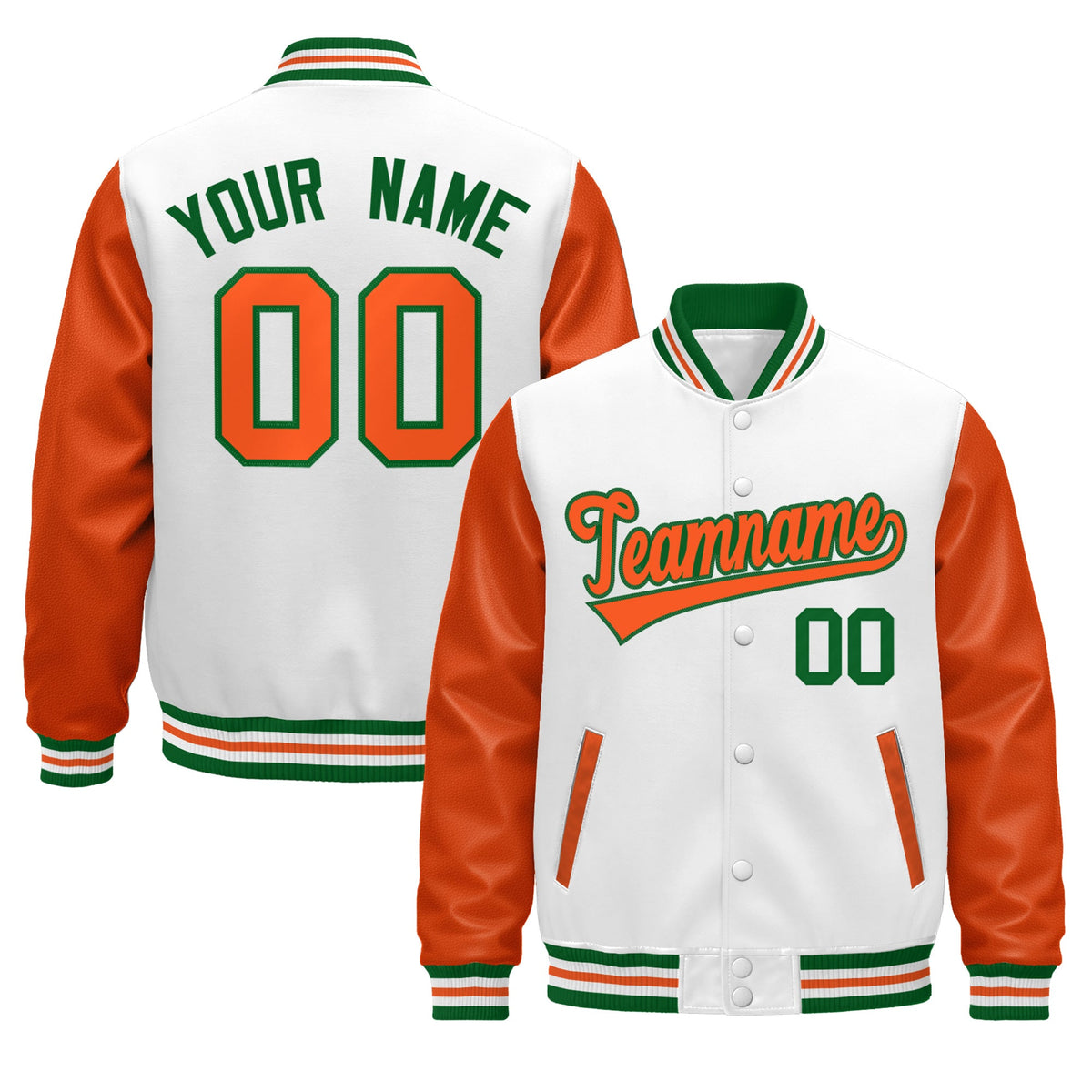 Custom White Orange Kelly Green Raglan Sleeves Varsity Full-Snap Letterman Jacket| KXKSHOP