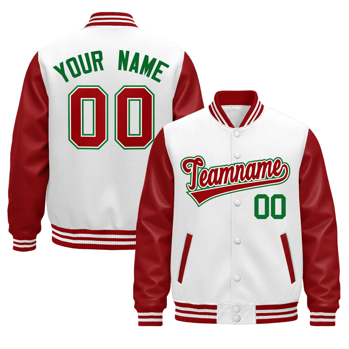 Custom Red White Kelly Green Raglan Sleeves Varsity Full-Snap Letterman Jacket| KXKSHOP