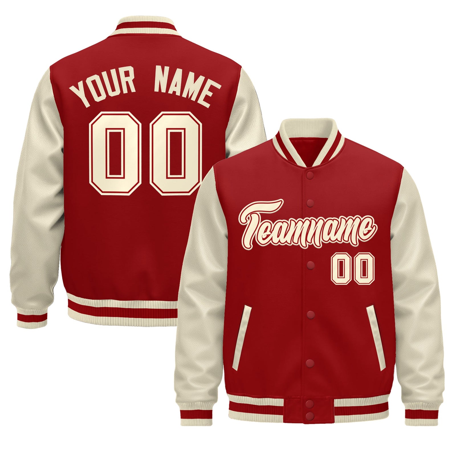 Custom Cream Cream Red Raglan Sleeves Varsity Full-Snap Leather Sleeves Letterman Jacket| KXKSHOP