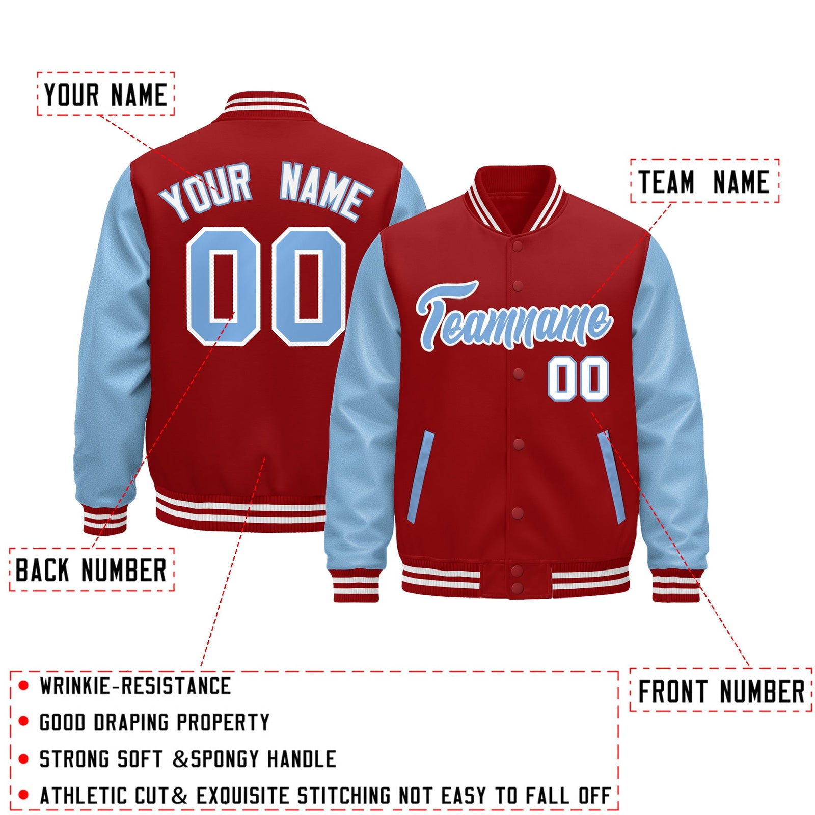 Custom Cream Light Blue Red Raglan Sleeves Varsity Full-Snap Leather Sleeves Letterman Jacket| KXKSHOP