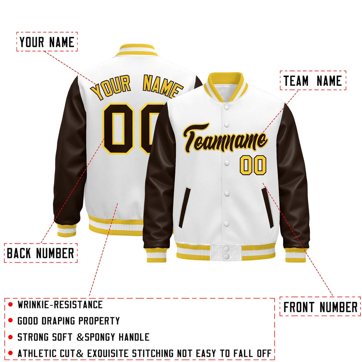 Custom White Brown Gold Raglan Sleeves Varsity Full-Snap Leather Sleeves Letterman Jacket| KXKSHOP
