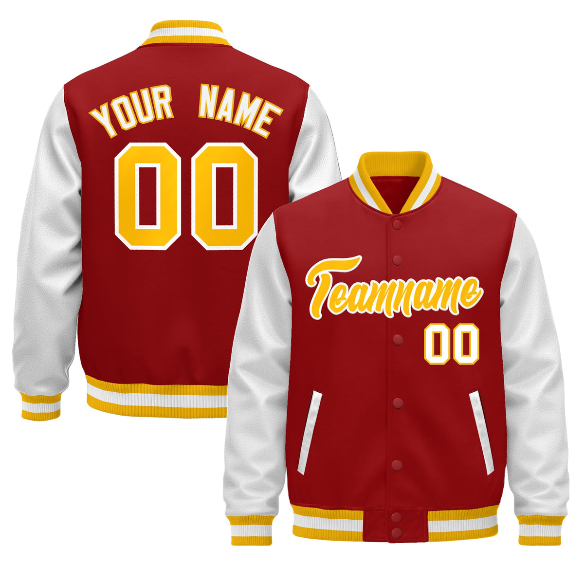 Custom Red White Gold Raglan Sleeves Varsity Full-Snap Leather Sleeves Letterman Jacket| KXKSHOP