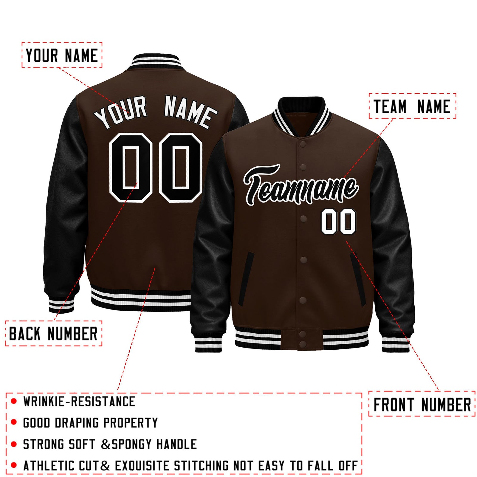 Custom Black Brown White Raglan Sleeves Varsity Full-Snap Leather Sleeves Letterman Jacket| KXKSHOP