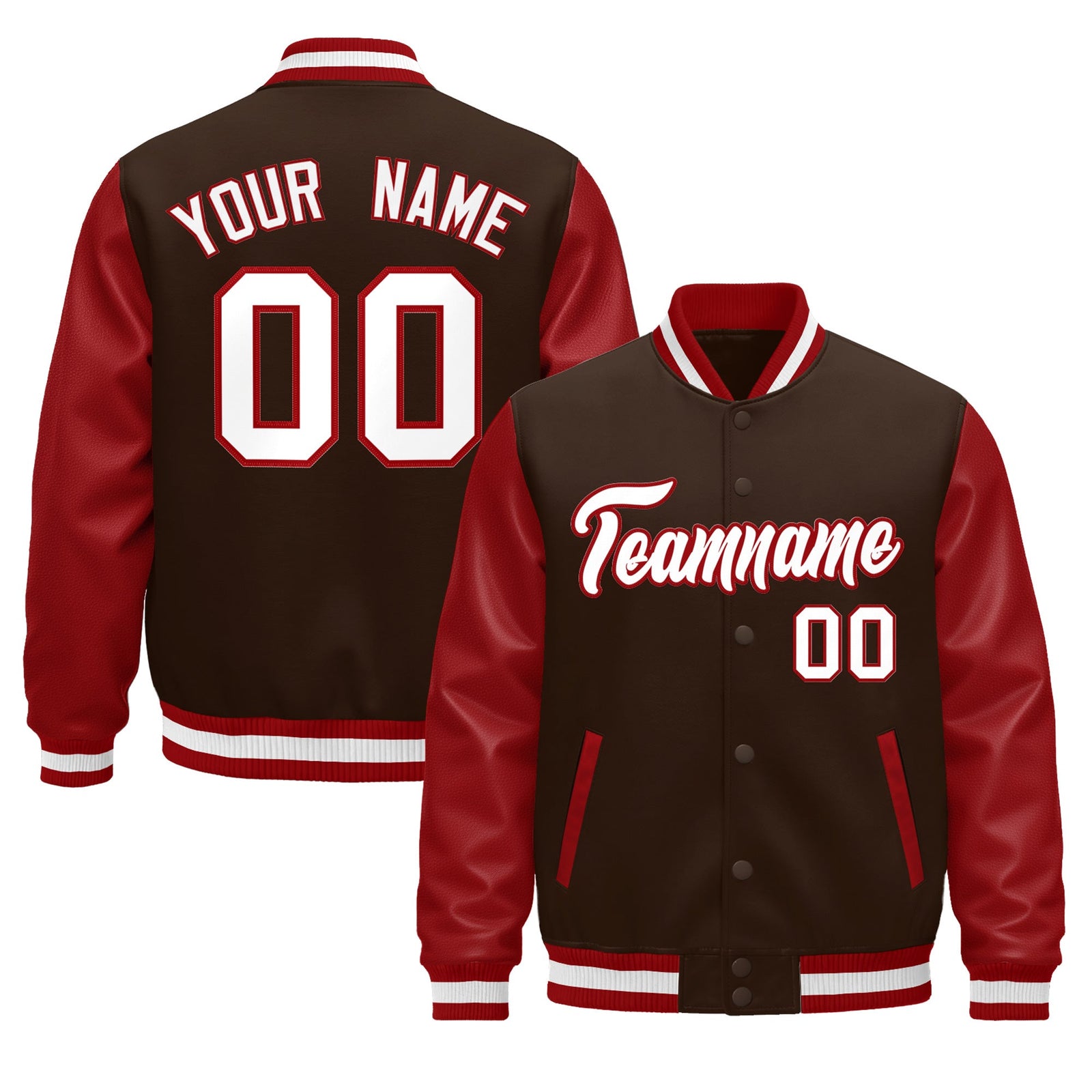 Custom Red Brown White Raglan Sleeves Varsity Full-Snap Leather Sleeves Letterman Jacket| KXKSHOP