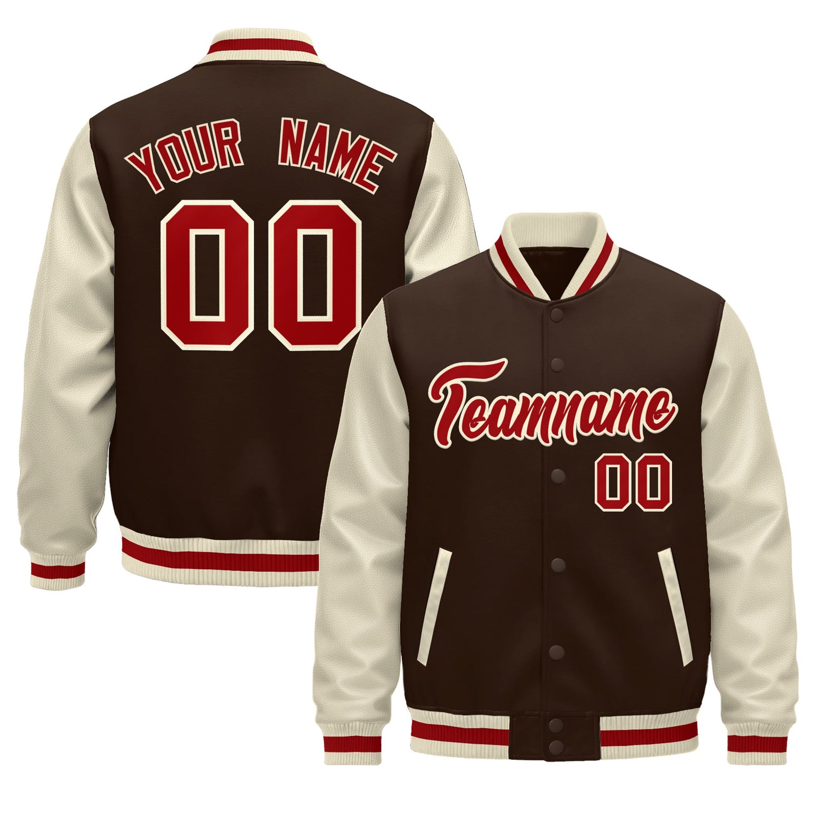 Custom Cream Brown Red Raglan Sleeves Varsity Full-Snap Leather Sleeves Letterman Jacket| KXKSHOP