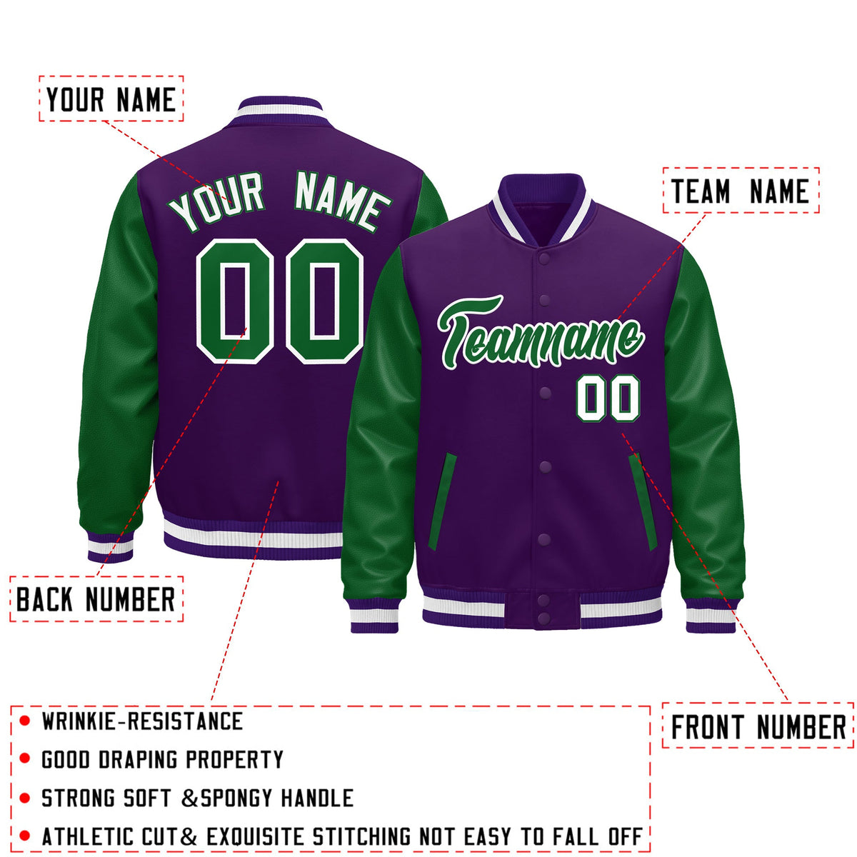 Custom Purple Kelly Green White Raglan Sleeves Varsity Full-Snap Letterman Jacket| KXKSHOP
