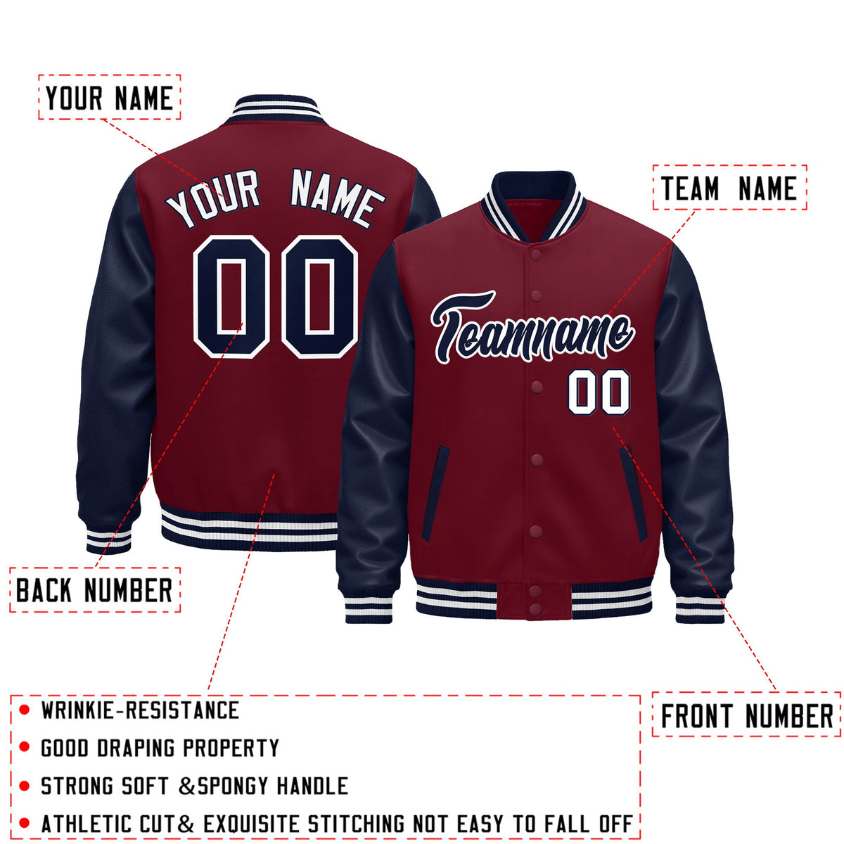 Custom Crimson Navy White Raglan Sleeves Varsity Full-Snap Leather Sleeves Letterman Jacket| KXKSHOP