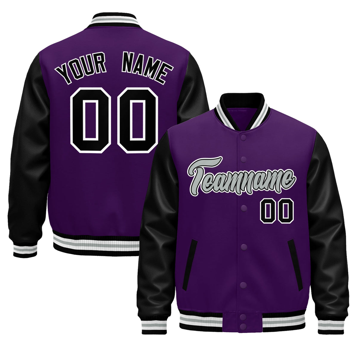 Custom Black Purple White Gray Raglan Sleeves Varsity Full-Snap Leather Sleeves Letterman Jacket| KXKSHOP