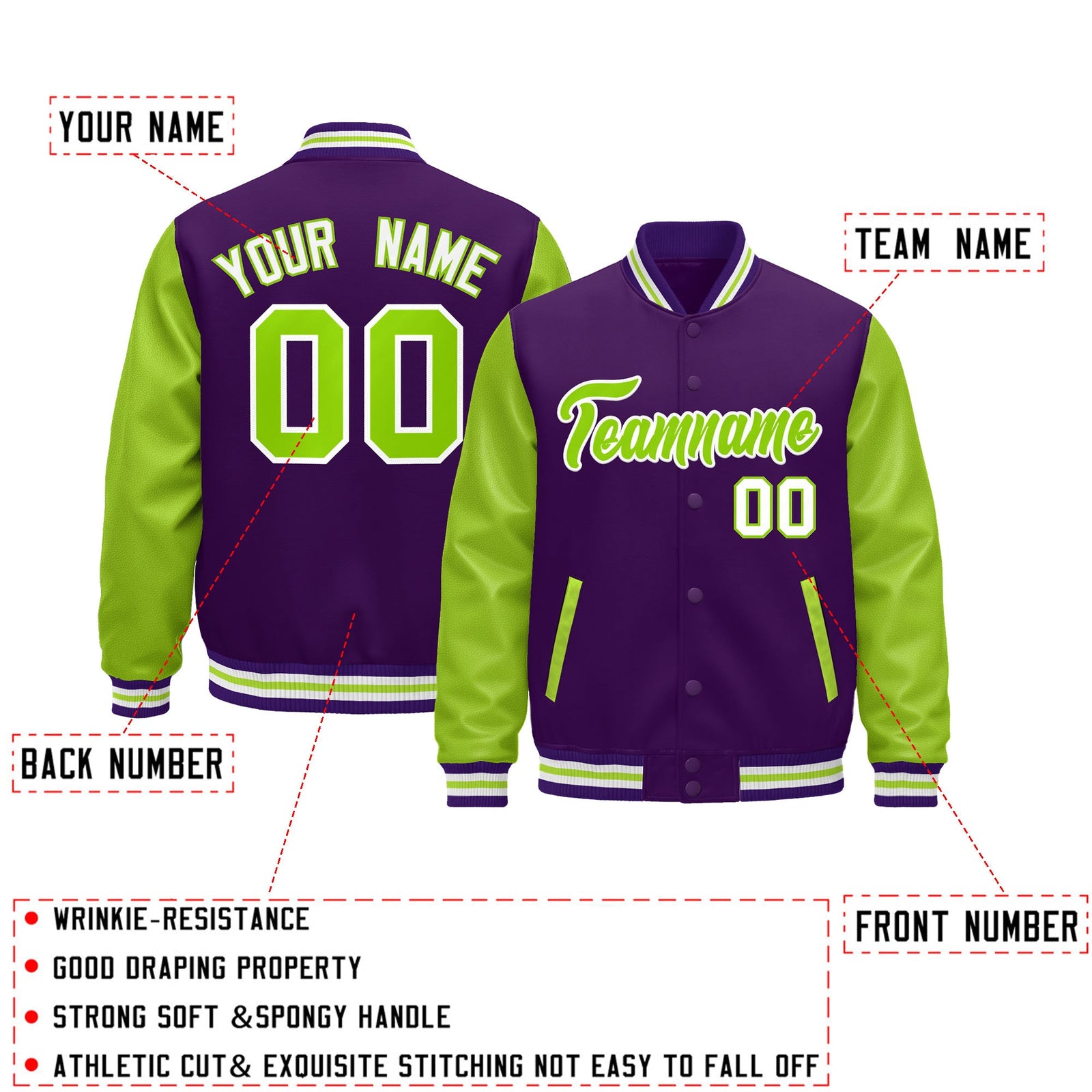 Custom Purple Neon Green White Raglan Sleeves Varsity Full-Snap Leather Sleeves Letterman Jacket| KXKSHOP