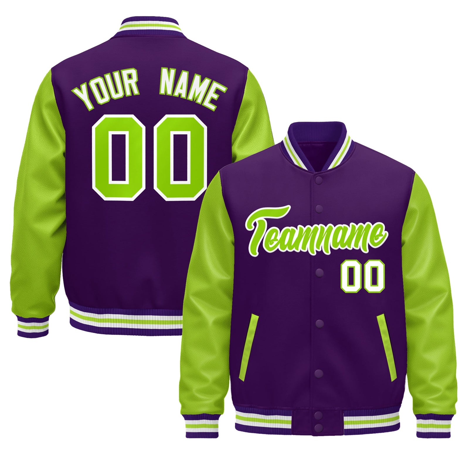 Custom Purple Neon Green White Raglan Sleeves Varsity Full-Snap Leather Sleeves Letterman Jacket| KXKSHOP