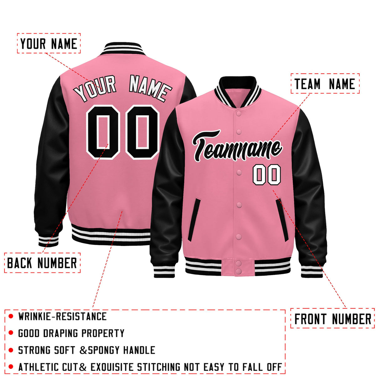 Custom Light Pink Black White Raglan Sleeves Varsity Full-Snap Leather Sleeves Letterman Jacket| KXKSHOP