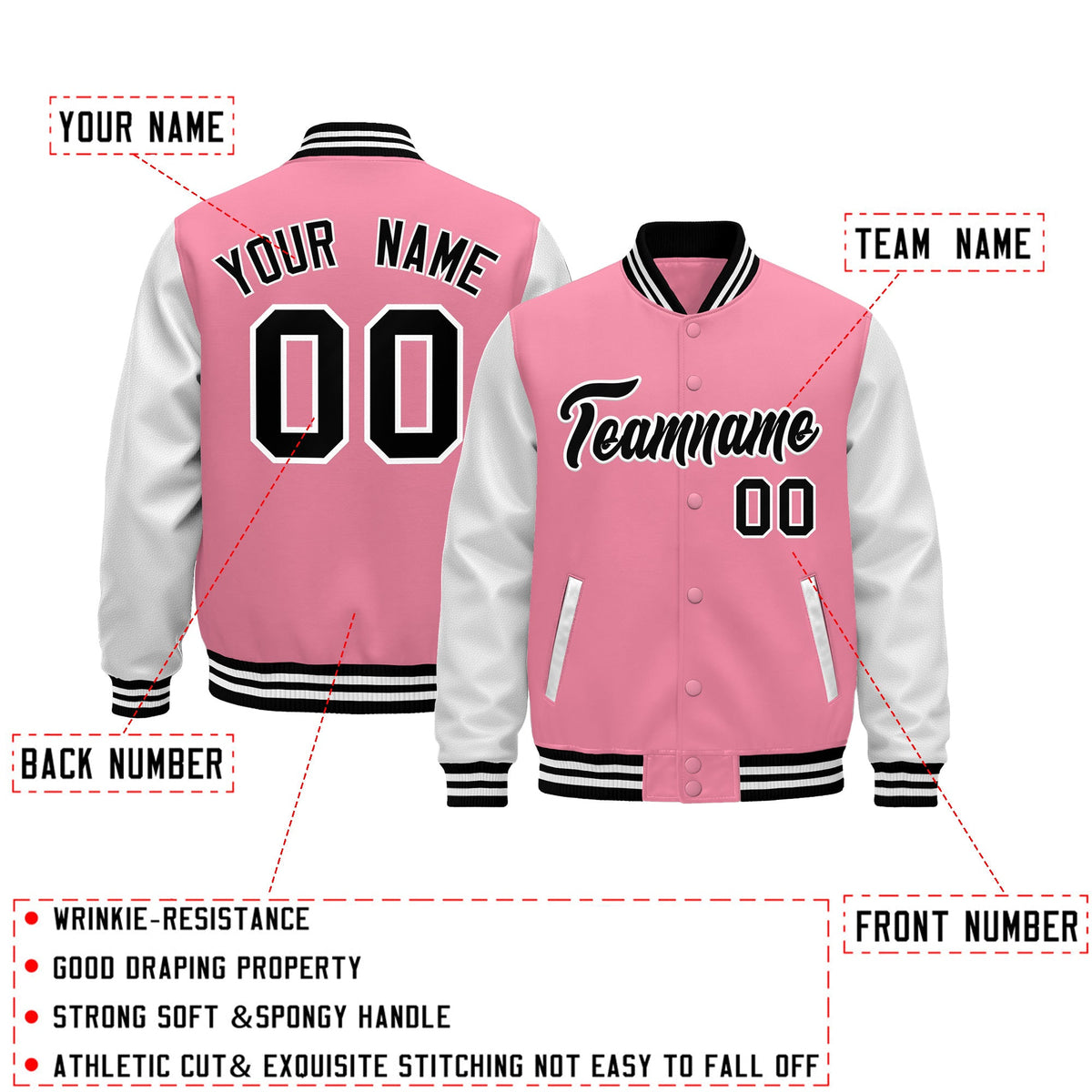 Custom Light Pink White Black Raglan Sleeves Varsity Full-Snap Leather Sleeves Letterman Jacket| KXKSHOP
