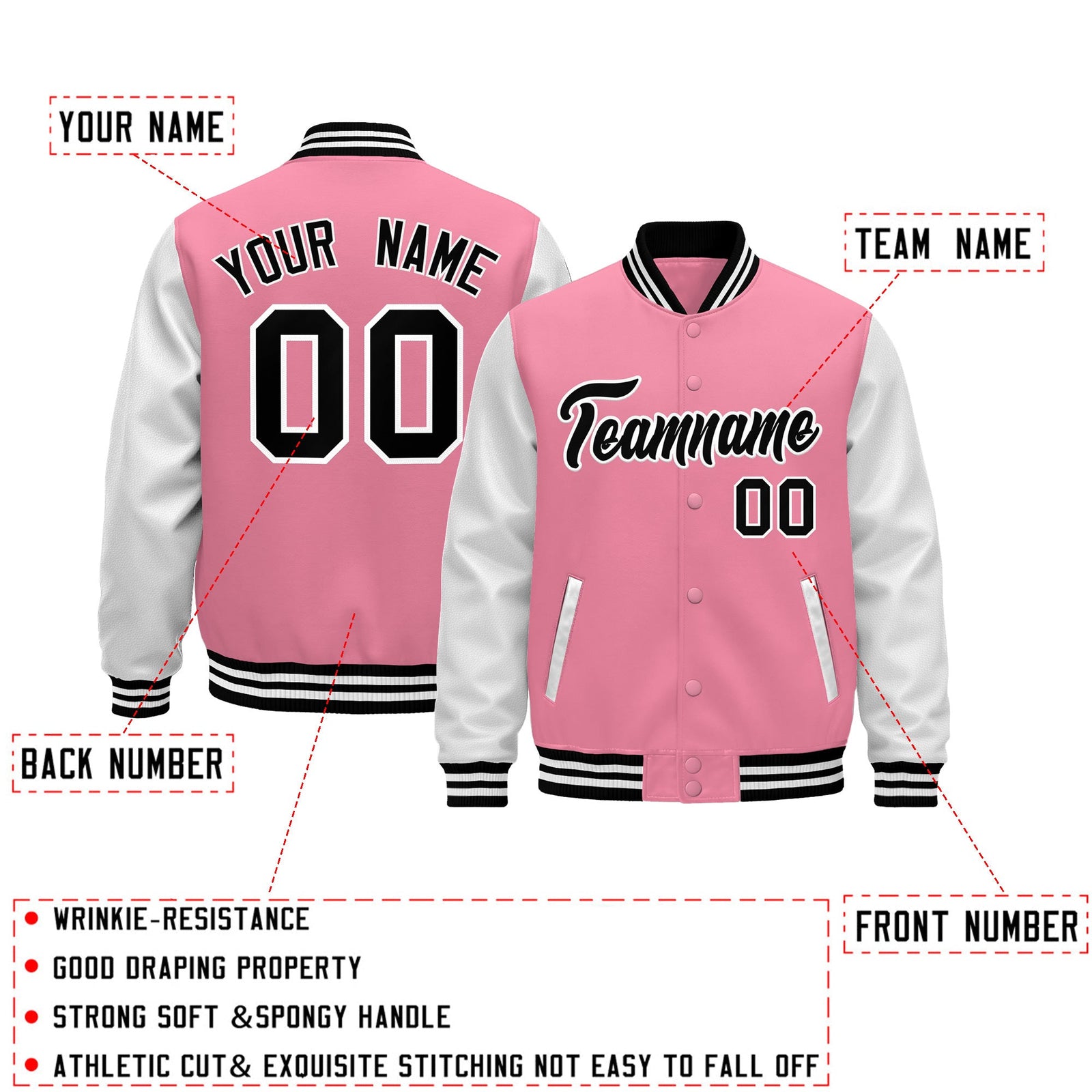 Custom Light Pink White Black Raglan Sleeves Varsity Full-Snap Leather Sleeves Letterman Jacket| KXKSHOP