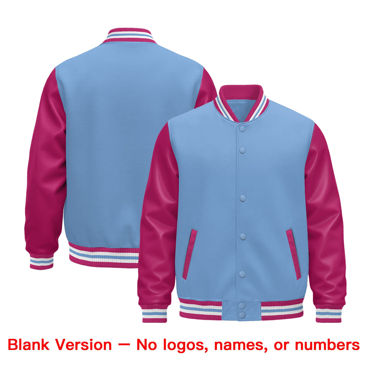 Custom Light Blue Pink White Raglan Sleeves Varsity Full-Snap Leather Sleeves Letterman Jacket| KXKSHOP