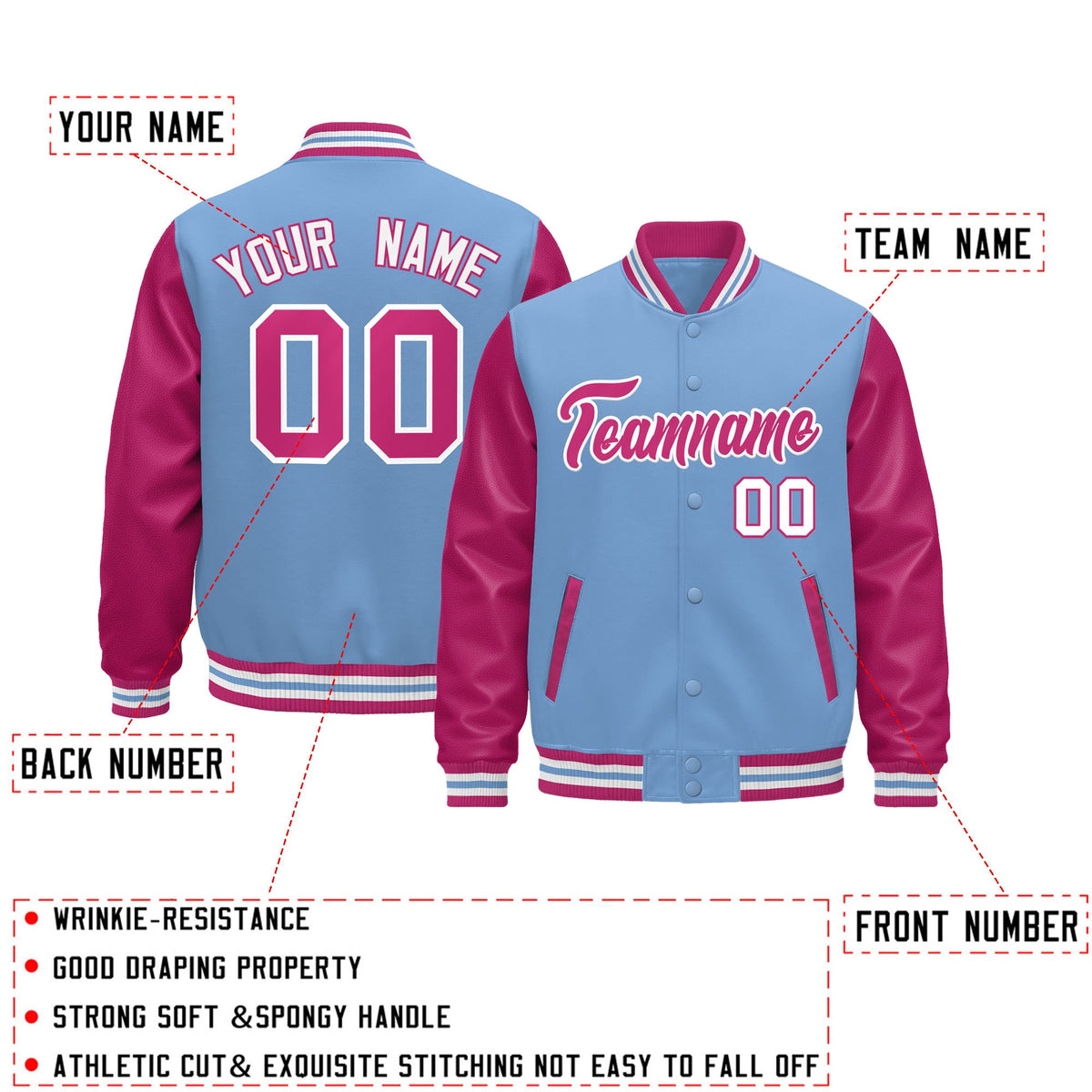 Custom Light Blue Pink White Raglan Sleeves Varsity Full-Snap Leather Sleeves Letterman Jacket| KXKSHOP