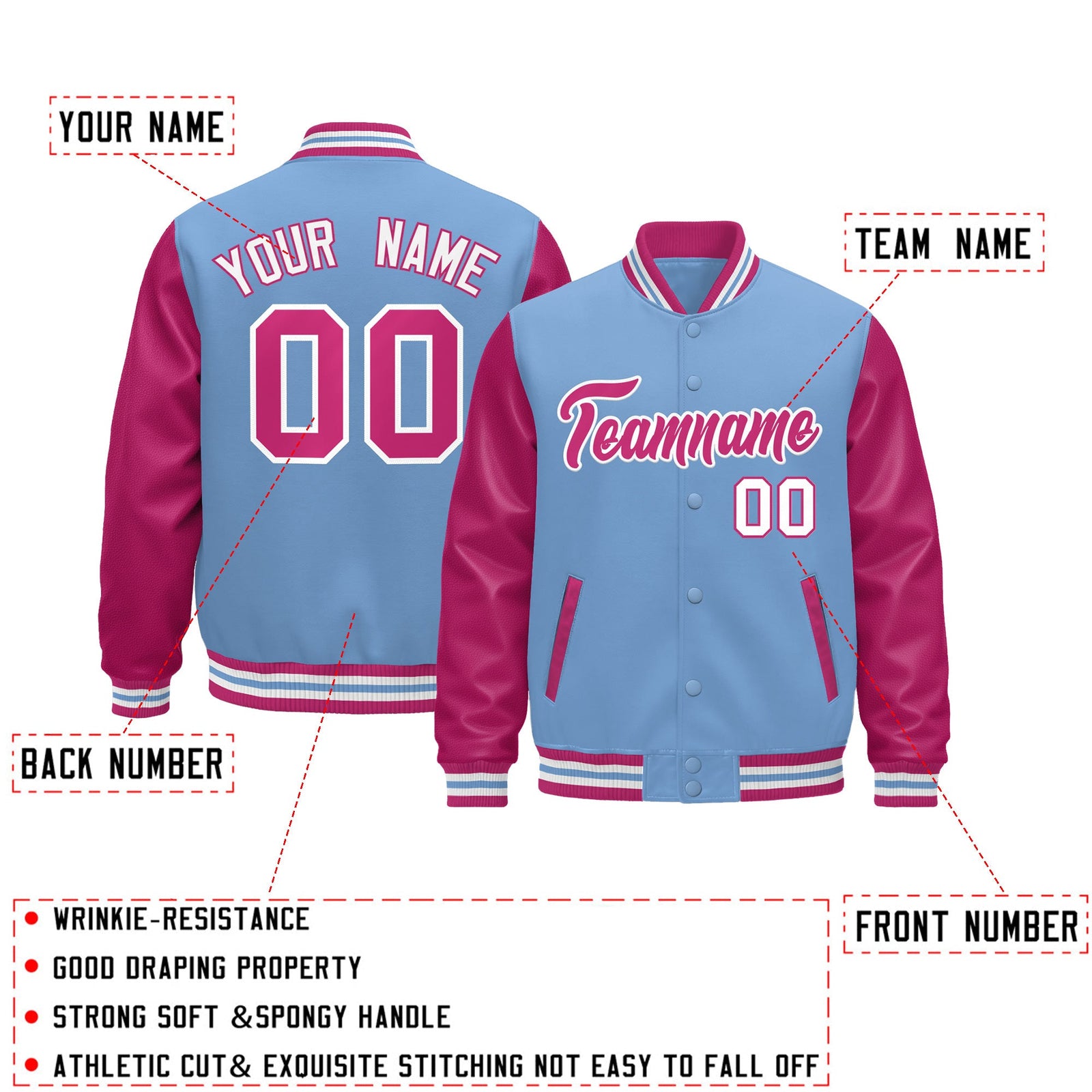 Custom Light Blue Pink White Raglan Sleeves Varsity Full-Snap Leather Sleeves Letterman Jacket| KXKSHOP