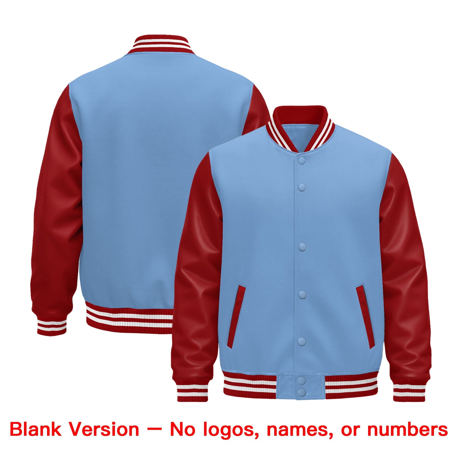 Custom Light Blue Red White Raglan Sleeves Varsity Full-Snap Leather Sleeves Letterman Jacket| KXKSHOP