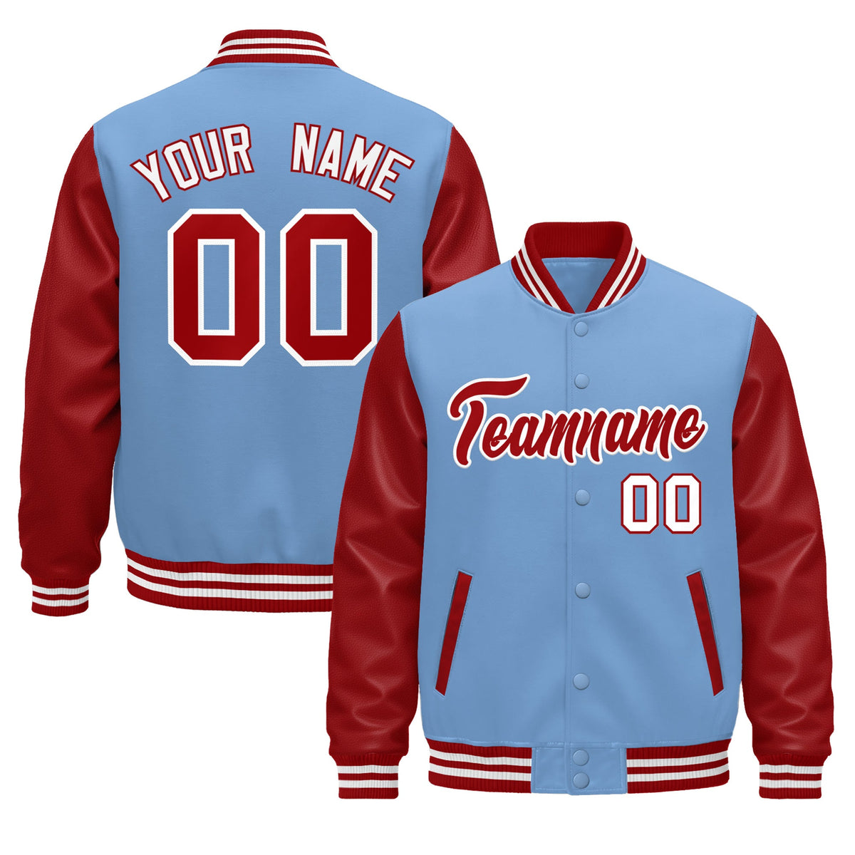 Custom Light Blue Red White Raglan Sleeves Varsity Full-Snap Leather Sleeves Letterman Jacket| KXKSHOP