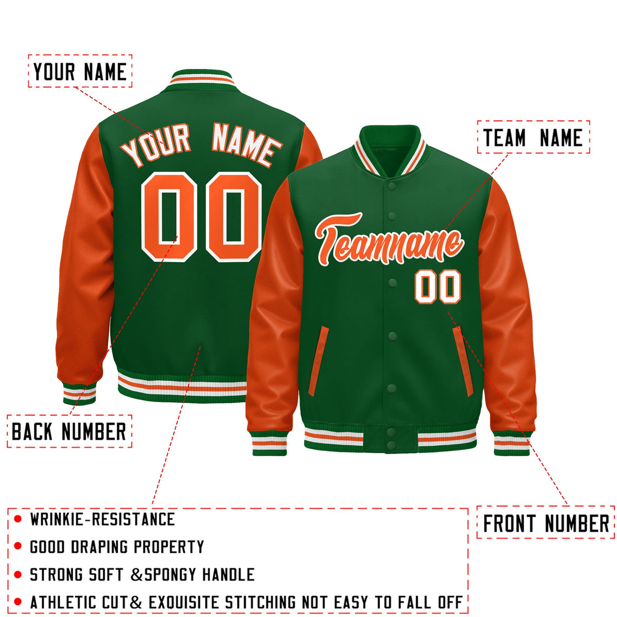 Custom Kelly Green Orange White Raglan Sleeves Varsity Full-Snap Letterman Jacket| KXKSHOP