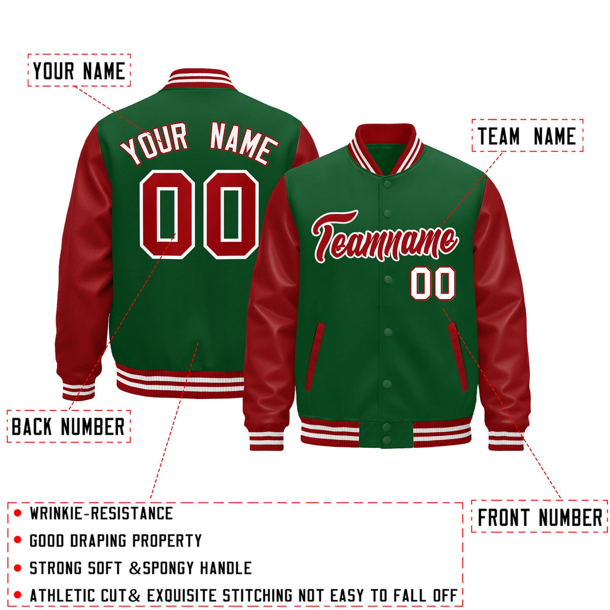 Custom Kelly Green Red White Raglan Sleeves Varsity Full-Snap Letterman Jacket| KXKSHOP