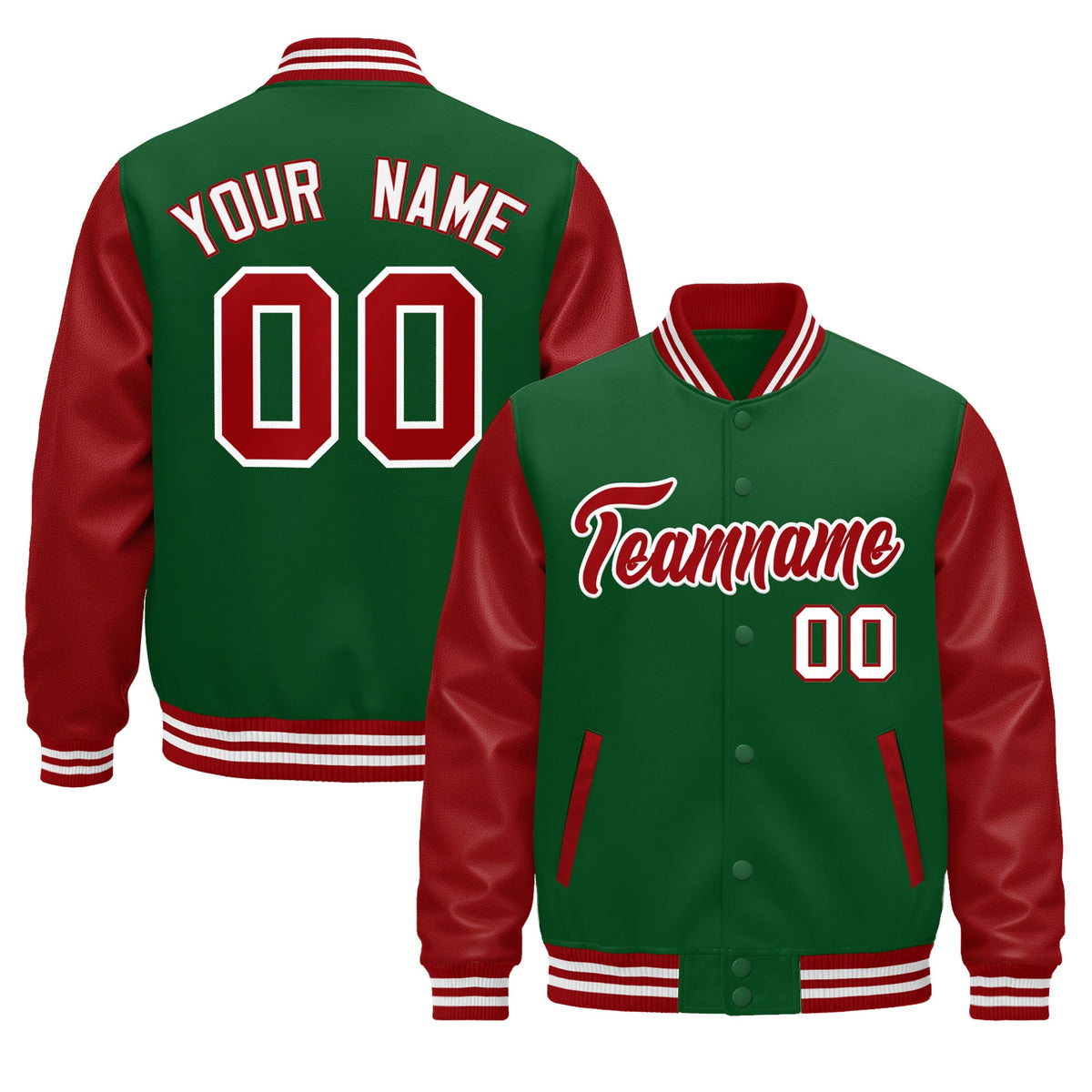Custom Kelly Green Red White Raglan Sleeves Varsity Full-Snap Letterman Jacket| KXKSHOP