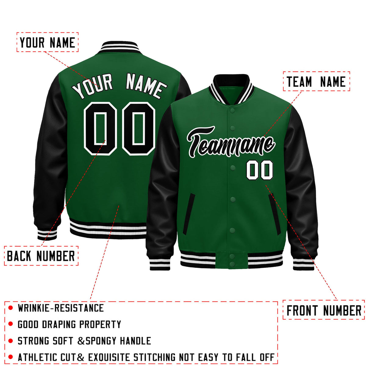 Custom Kelly Green Black White Raglan Sleeves Varsity Full-Snap Leather Sleeves Letterman Jacket| KXKSHOP