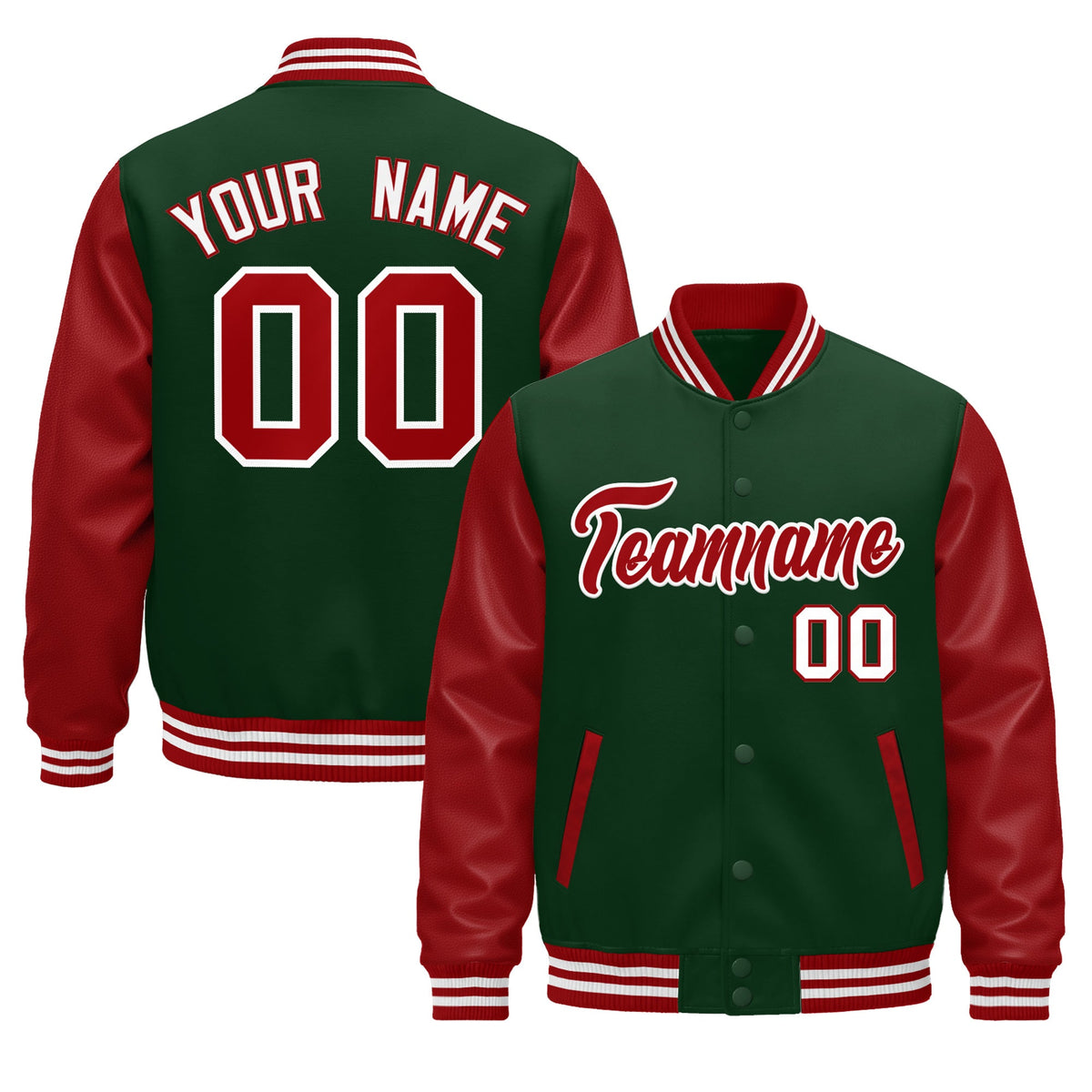 Custom Dark Green Red White Raglan Sleeves Varsity Full-Snap Leather Sleeves Letterman Jacket| KXKSHOP