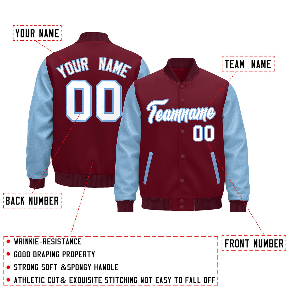 Custom Crimson Light Blue White Raglan Sleeves Varsity Full-Snap Leather Sleeves Letterman Jacket| KXKSHOP