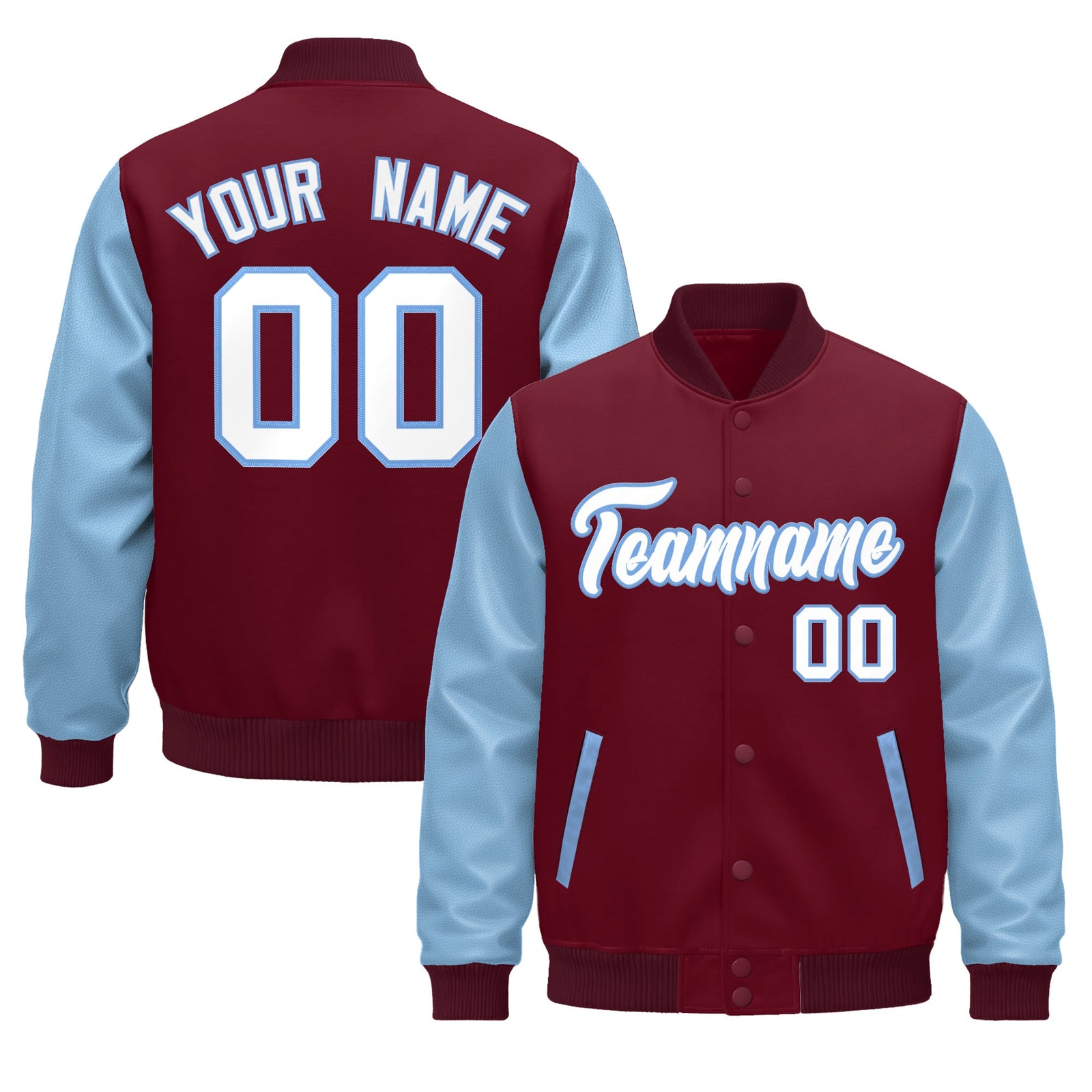 Custom Crimson Light Blue White Raglan Sleeves Varsity Full-Snap Leather Sleeves Letterman Jacket| KXKSHOP