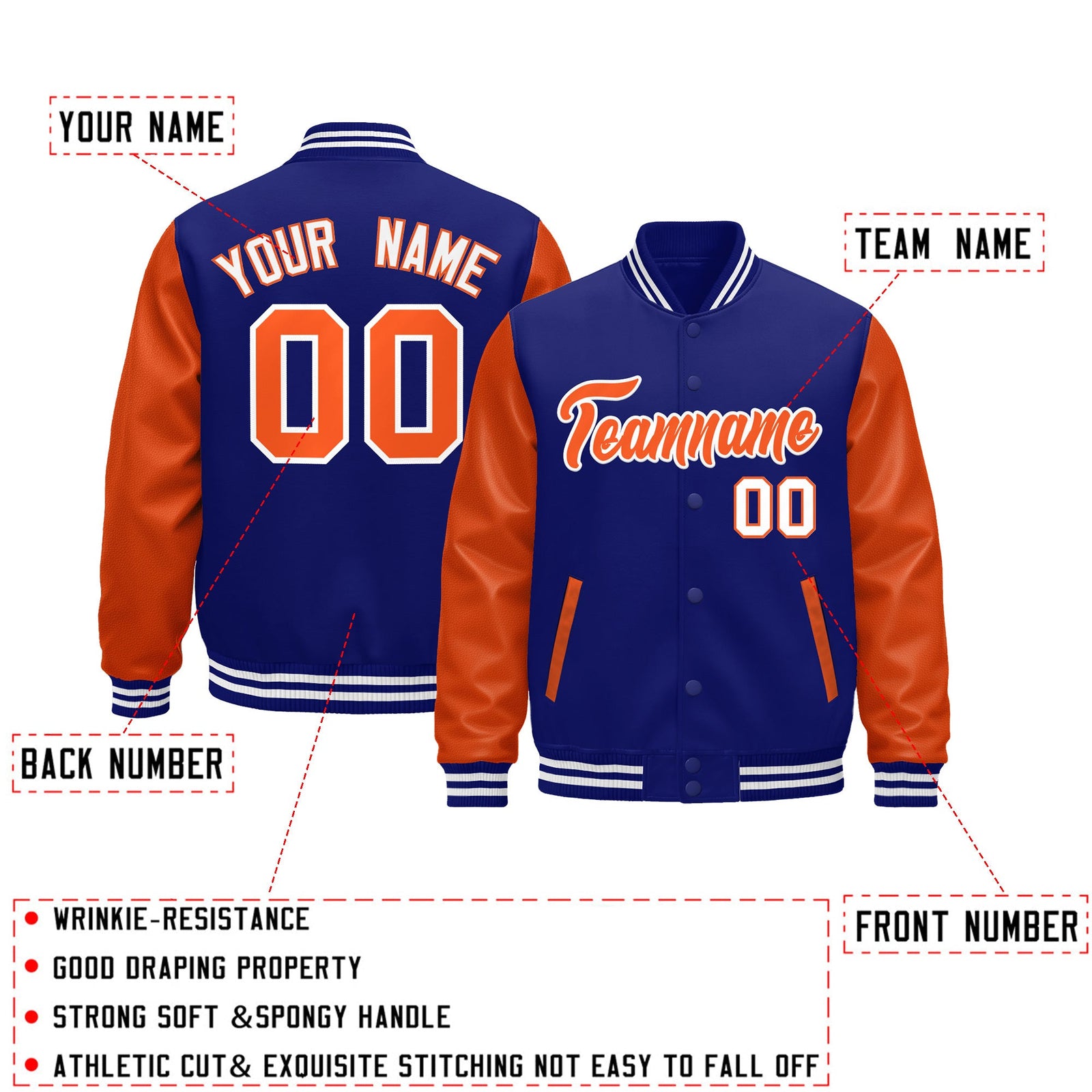 Custom Royal Blue Orange White Raglan Sleeves Varsity Full-Snap Leather Sleeves Letterman Jacket| KXKSHOP