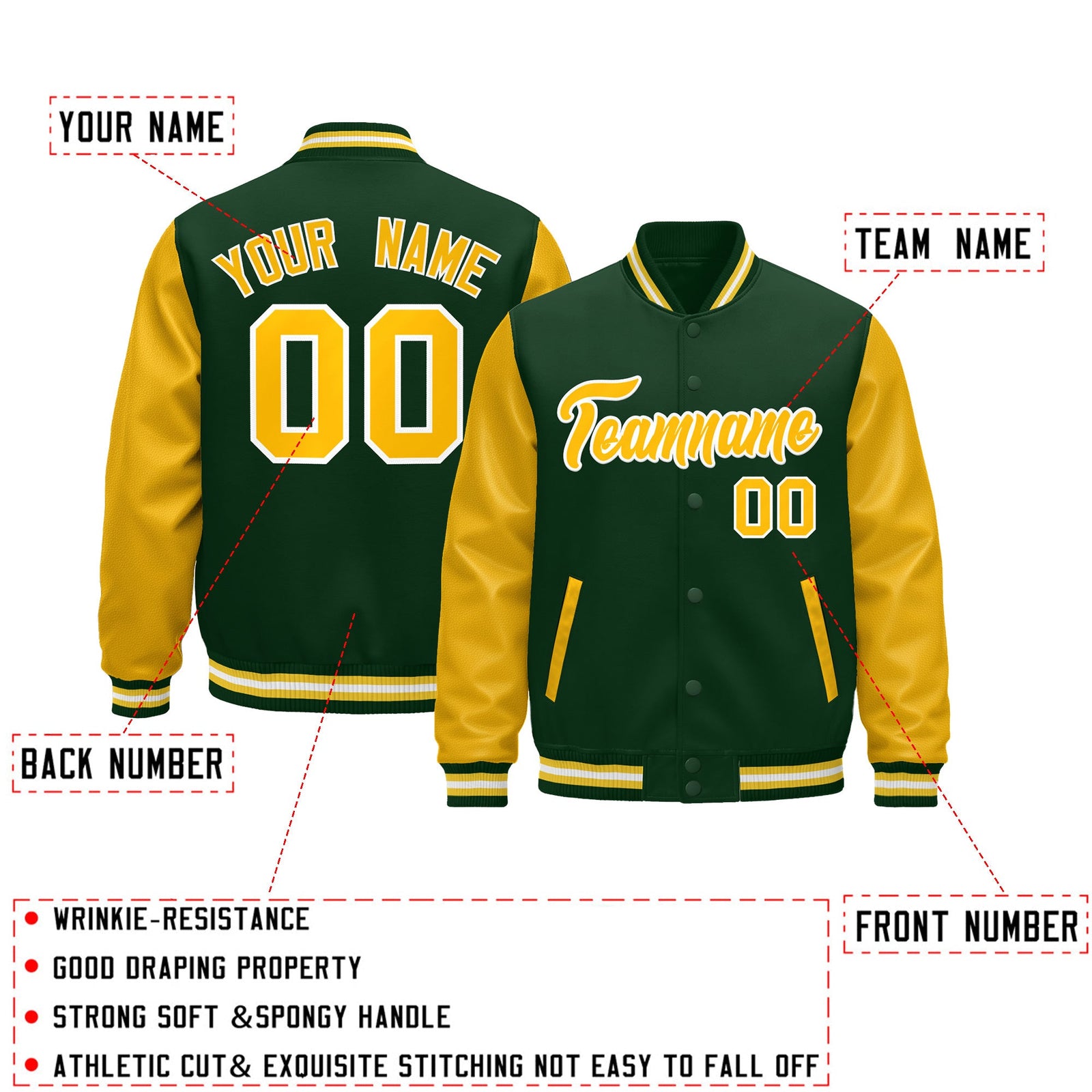 Custom Dark Green Gold White Raglan Sleeves Varsity Full-Snap Leather Sleeves Letterman Jacket| KXKSHOP