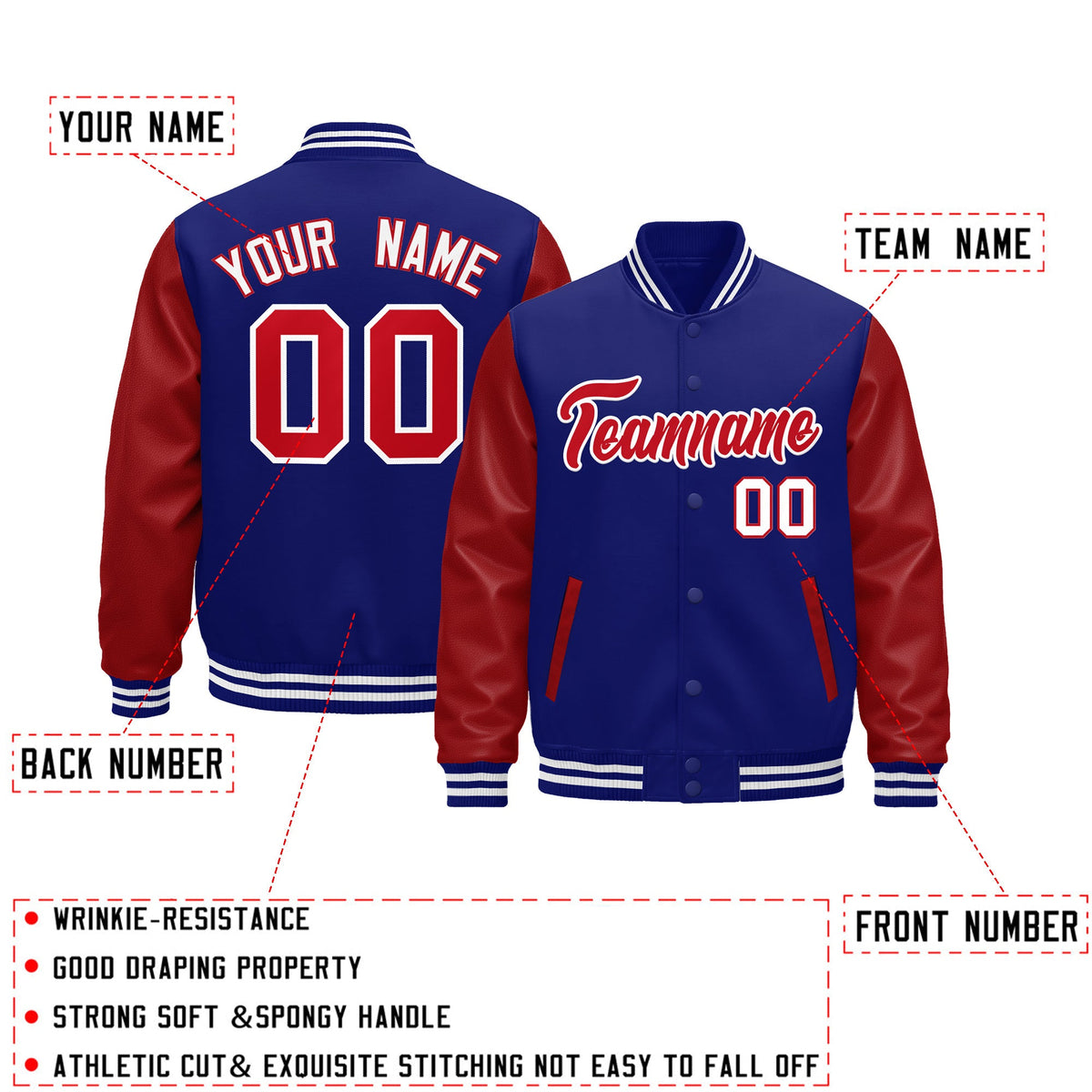 Custom Royal Blue Red White Raglan Sleeves Varsity Full-Snap Leather Sleeves Letterman Jacket| KXKSHOP
