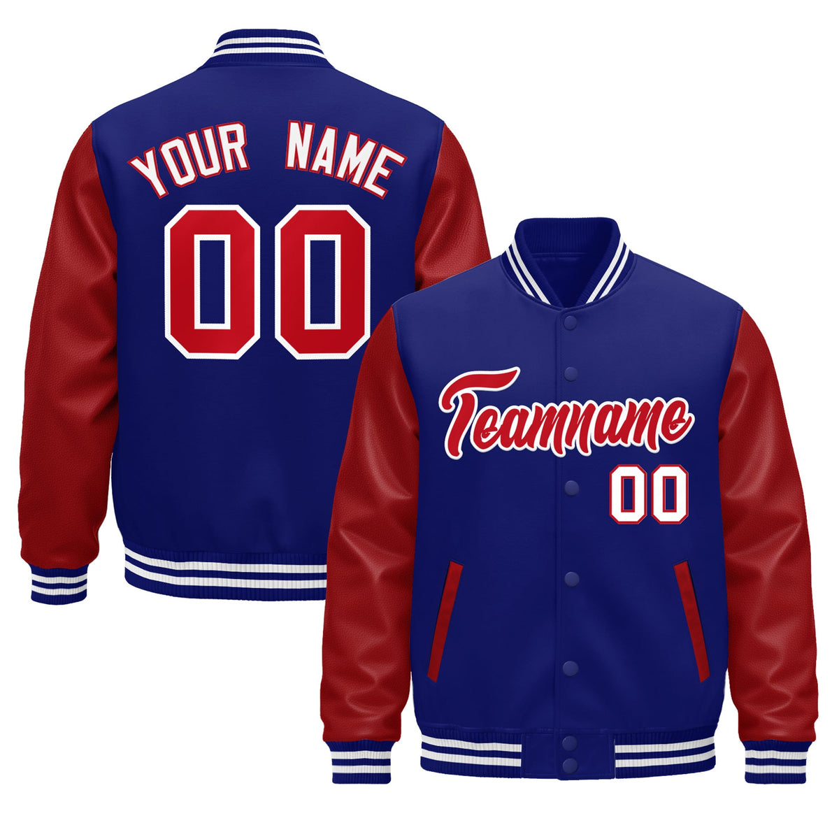 Custom Royal Blue Red White Raglan Sleeves Varsity Full-Snap Leather Sleeves Letterman Jacket| KXKSHOP