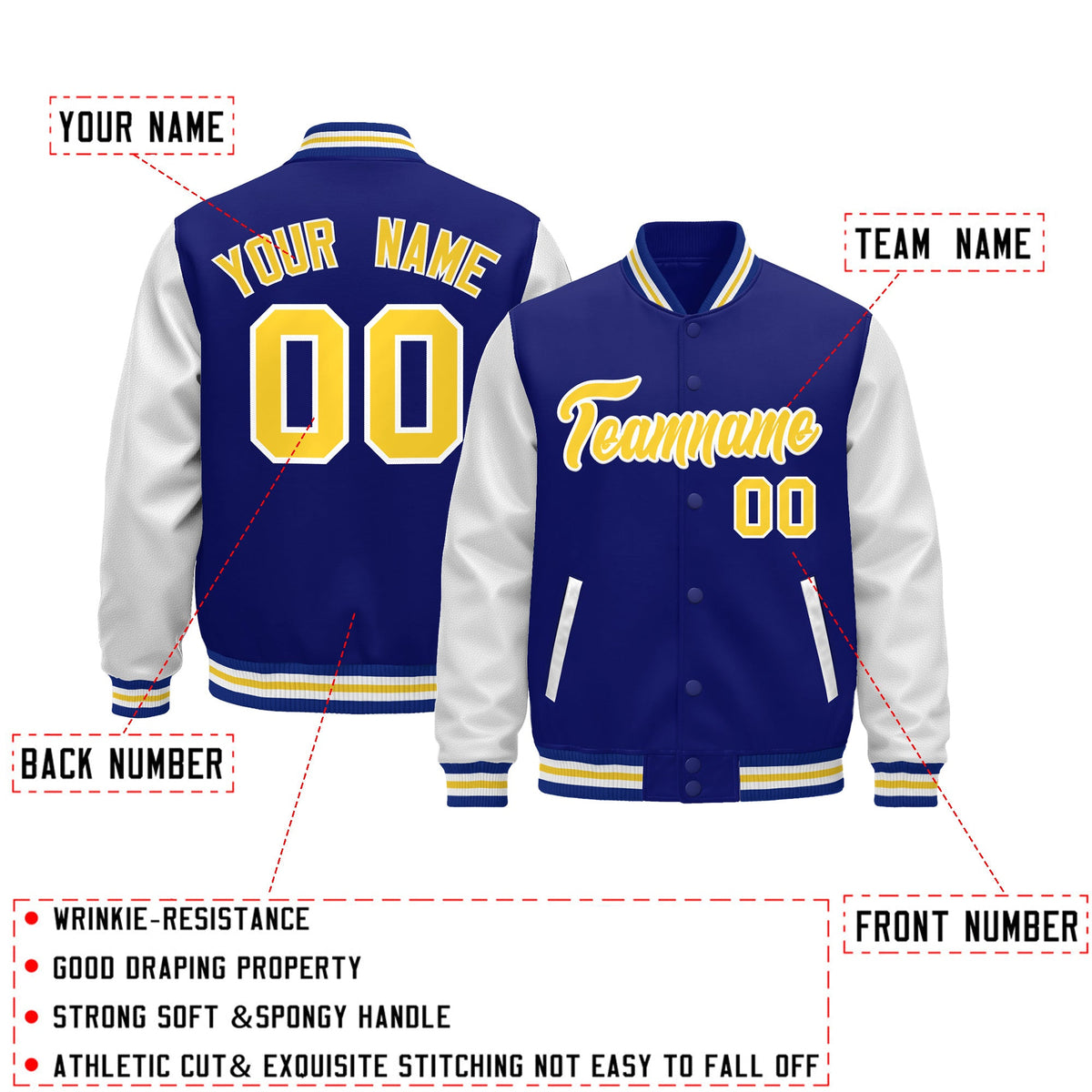 Custom Royal Blue White Gold Raglan Sleeves Varsity Full-Snap Leather Sleeves Letterman Jacket| KXKSHOP