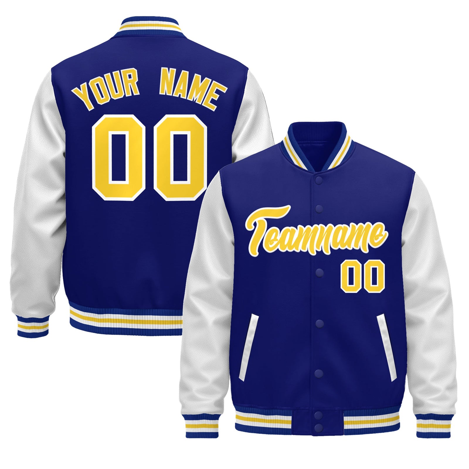Custom Royal Blue White Gold Raglan Sleeves Varsity Full-Snap Leather Sleeves Letterman Jacket| KXKSHOP