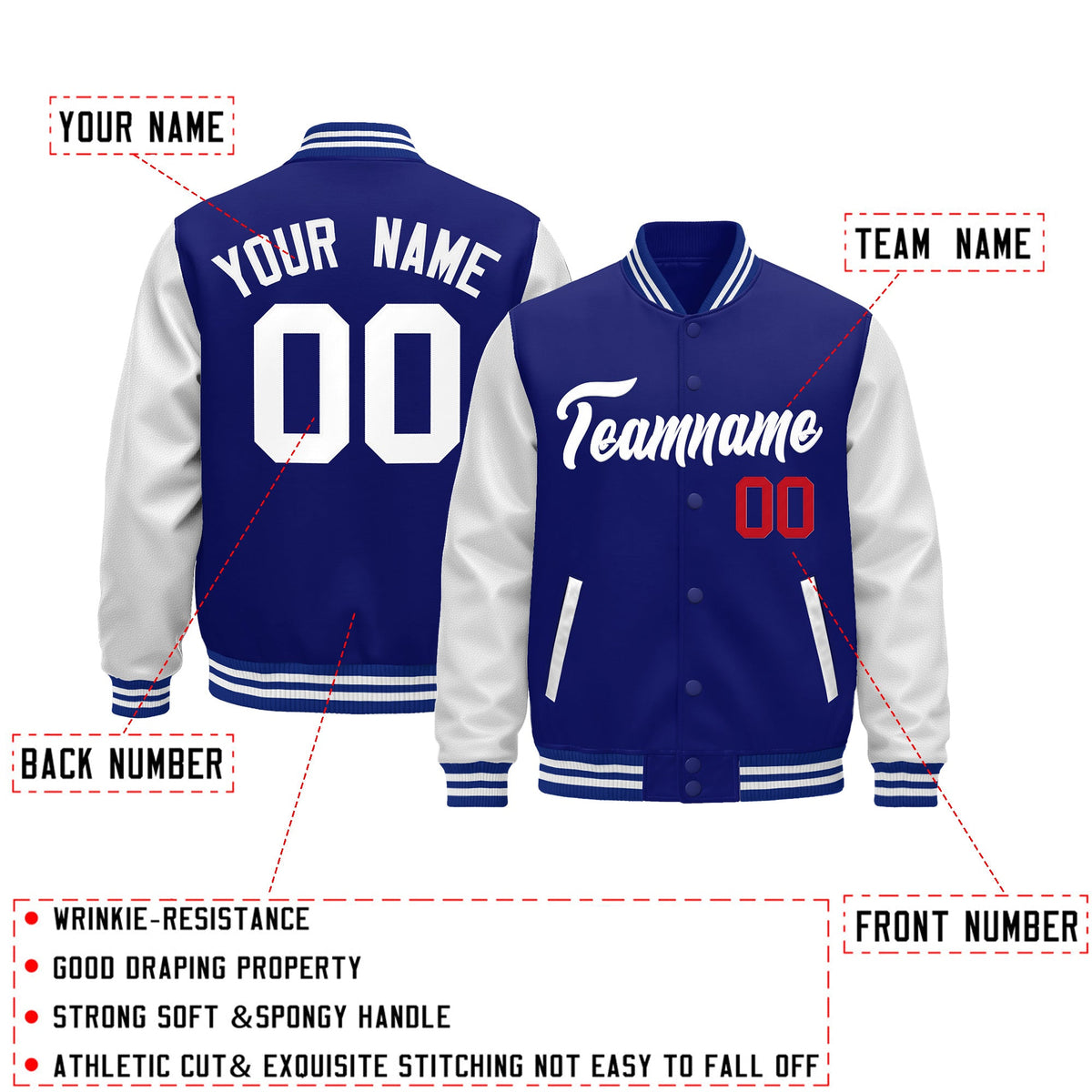 Custom Royal Blue White Raglan Sleeves Varsity Full-Snap Leather Sleeves Letterman Jacket| KXKSHOP