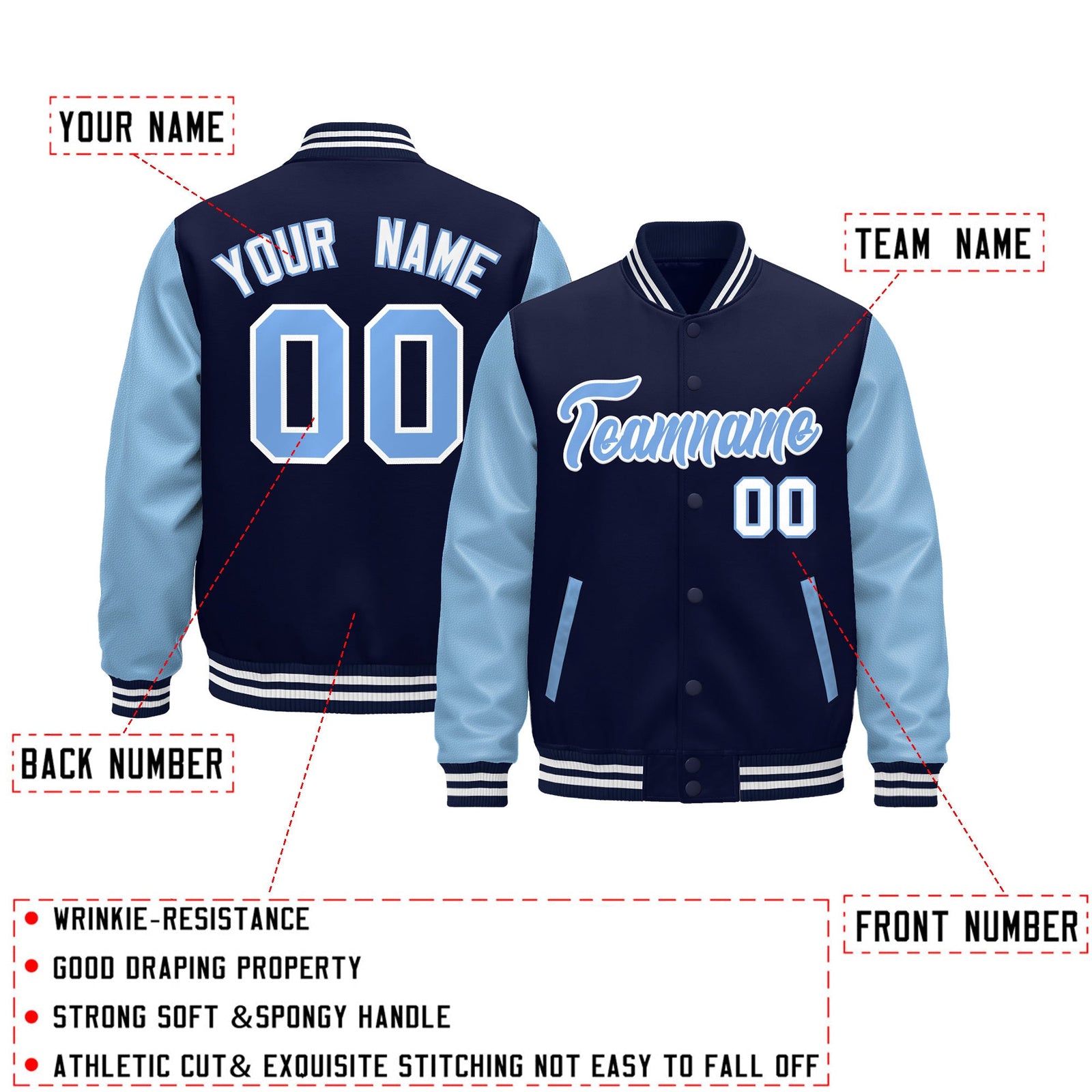 Custom Navy Light Blue White Raglan Sleeves Varsity Full-Snap Leather Sleeves Letterman Jacket| KXKSHOP