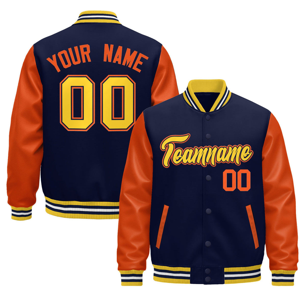 Custom Gold Orange Navy White Raglan Sleeves Varsity Full-Snap Leather Sleeves Letterman Jacket| KXKSHOP