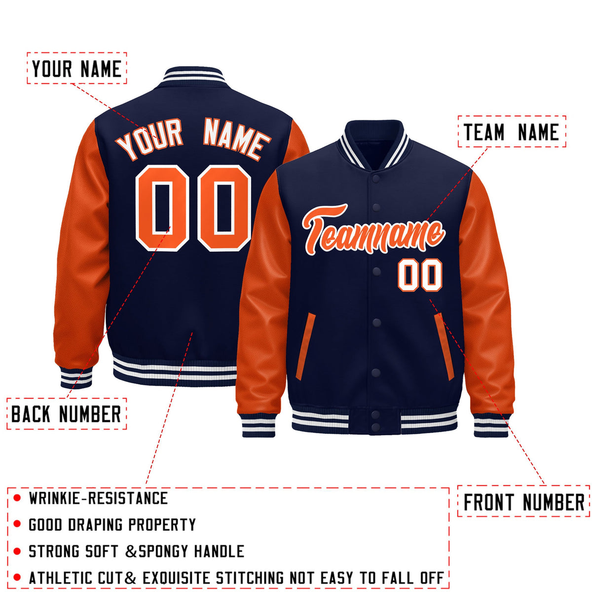 Custom Navy Orange White Raglan Sleeves Varsity Full-Snap Leather Sleeves Letterman Jacket| KXKSHOP